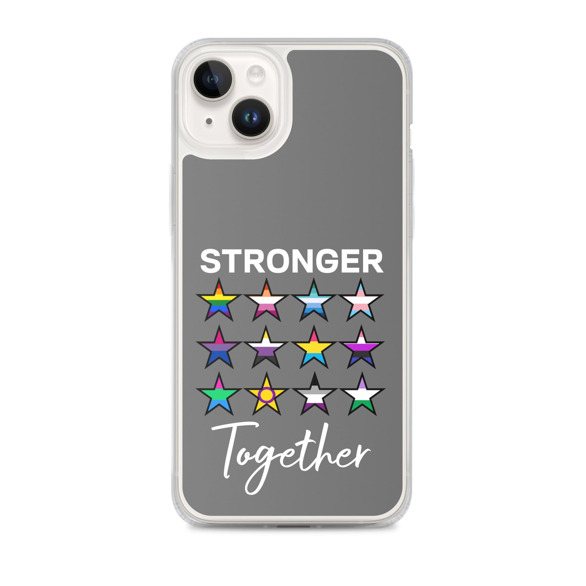 LGBTQ Pride Apple iPhone Case - Stronger Together iPhone 14 Plus clear-case-for-iphone-iphone-14-plus-case-on-phone-64127b7b1d443