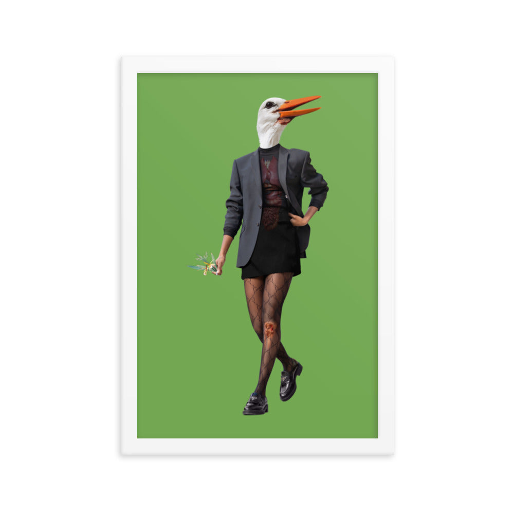 Edgy Stork Collage Art Framed Poster White 12in×18in enhanced-matte-paper-framed-poster-_in_-white-12x18-transparent-63793a37c9f44