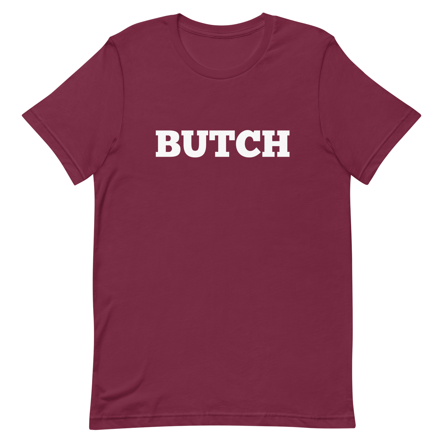 lesbian pride tshirt with the word butch in maroon