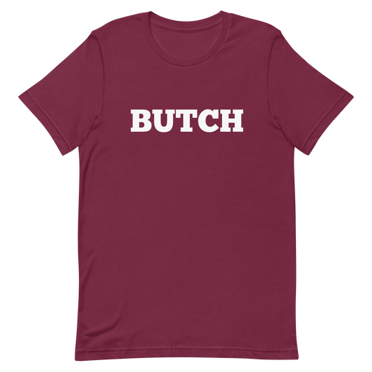 lesbian pride tshirt with the word butch in maroon
