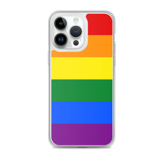 Apple iPhone 14 mobile phone case with LGBT Rainbow Pride Flag design on white background