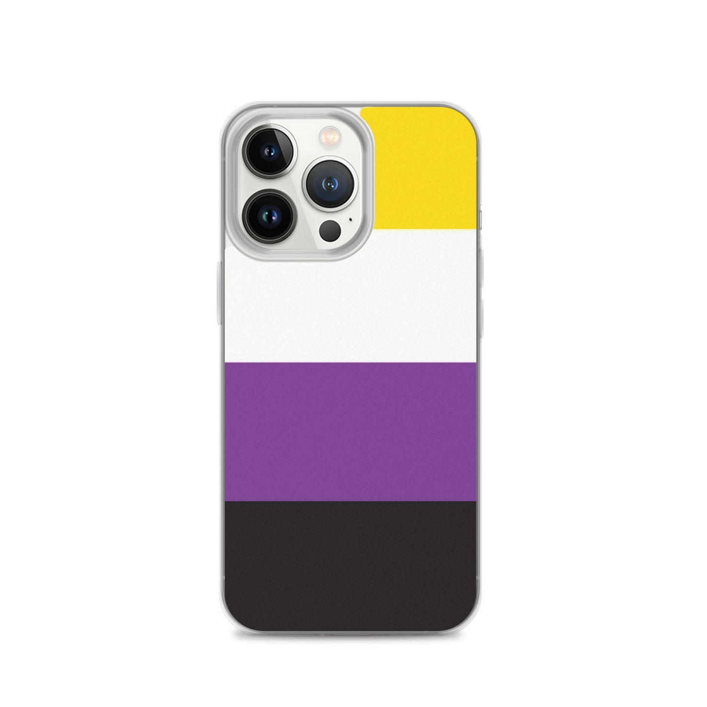 Apple iPhone 13 Pro phone case with Nonbinary enby pride flag design on white background