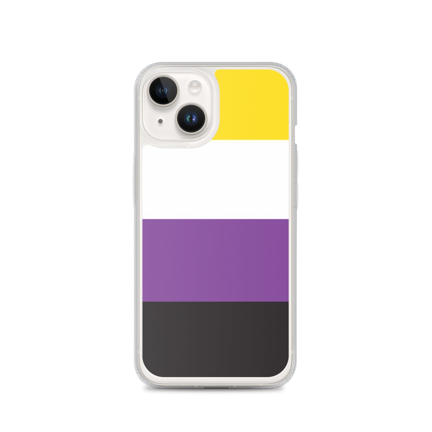Apple iPhone 14 phone case with Nonbinary enby pride flag design on white background