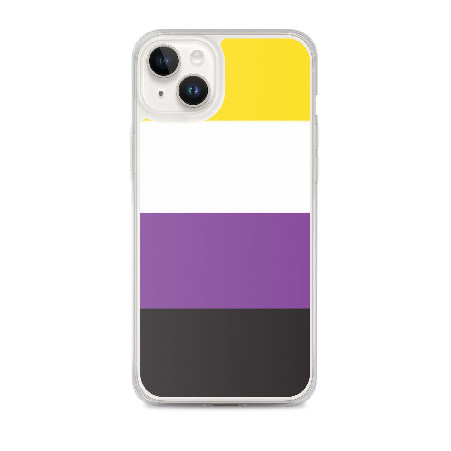 Apple iPhone 14 Plus phone case with Nonbinary enby pride flag design on white background