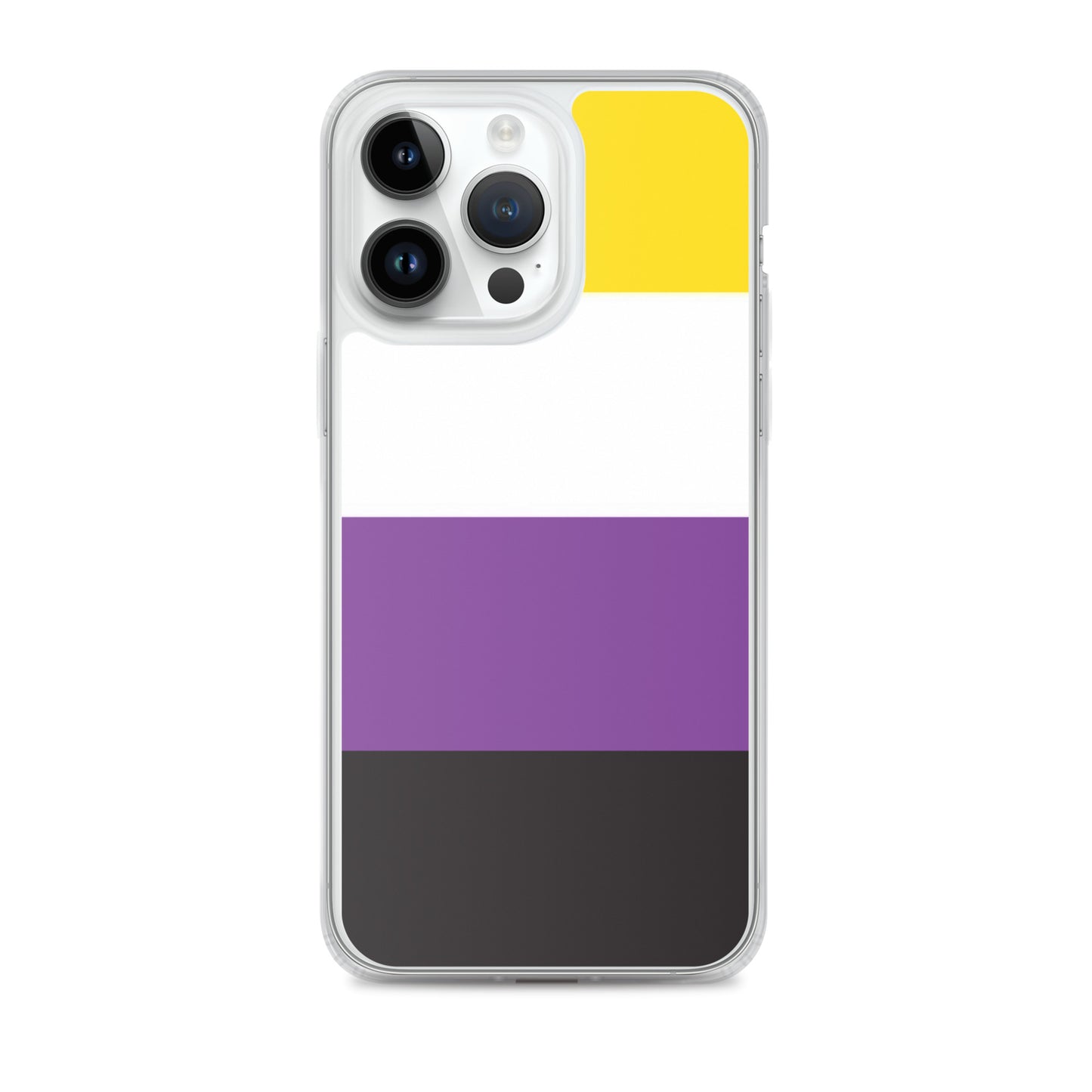 Apple iPhone 14 Pro Max phone case with Nonbinary enby pride flag design on white background