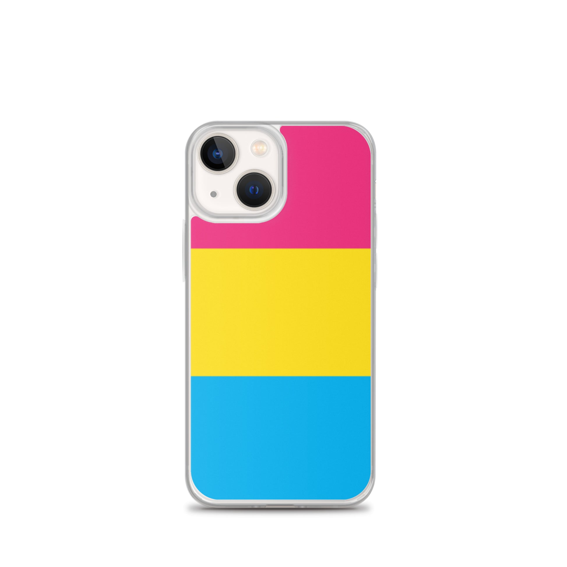 Apple iPhone 13 Mini case with Pansexual pride flag design on white background