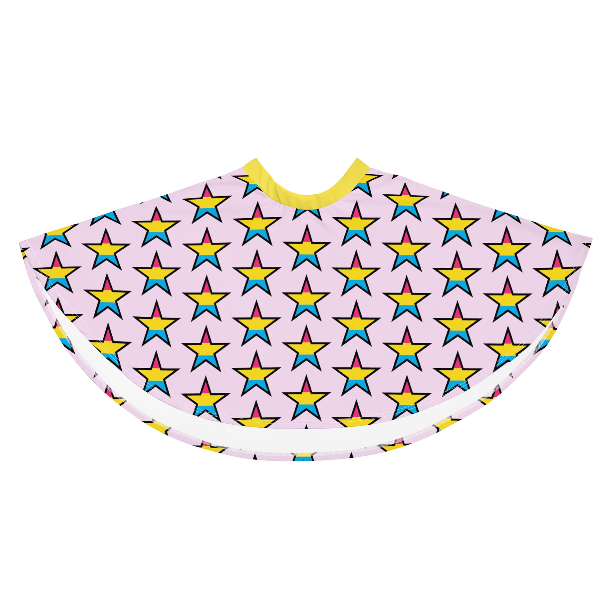 Skater skirt with pansexual pride flag colors in star pattern on a white background