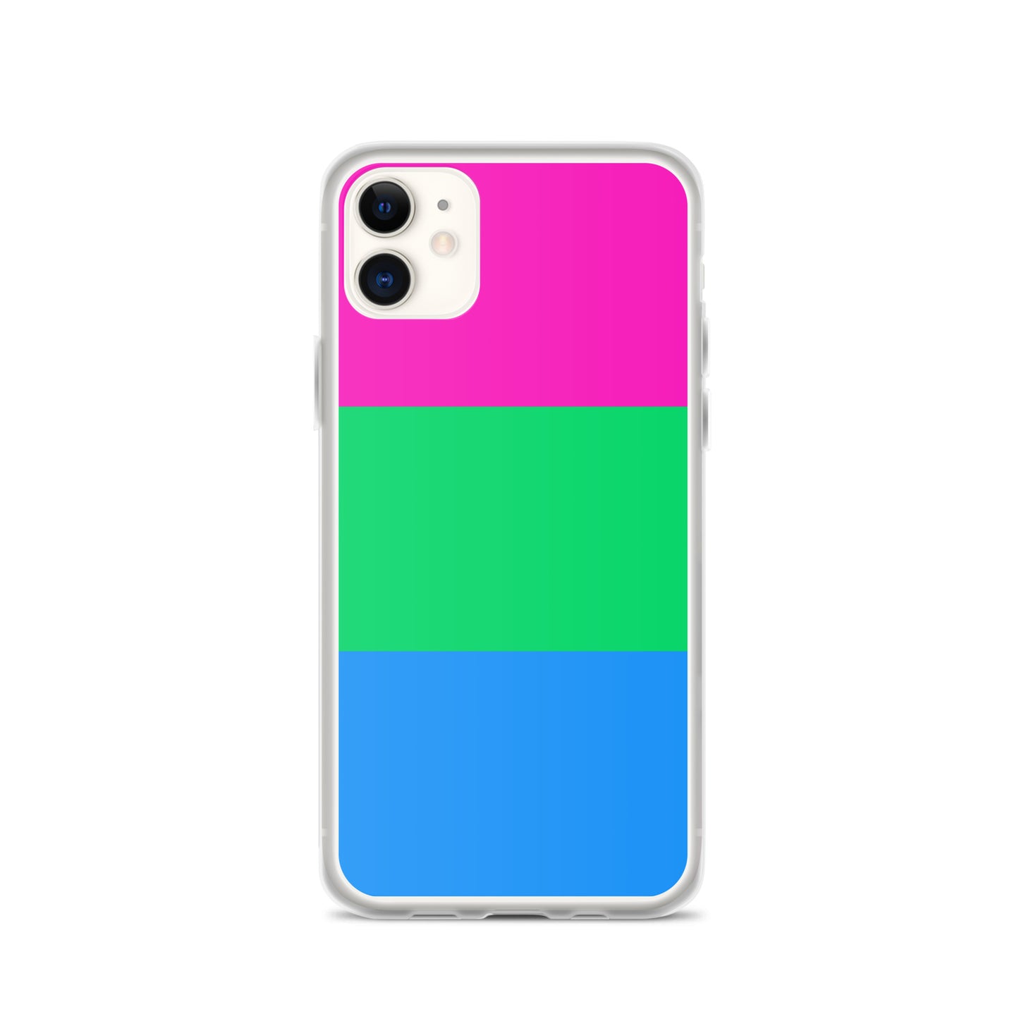 Apple iPhone 11 mobile phone case with polysexual pride flag design on white background