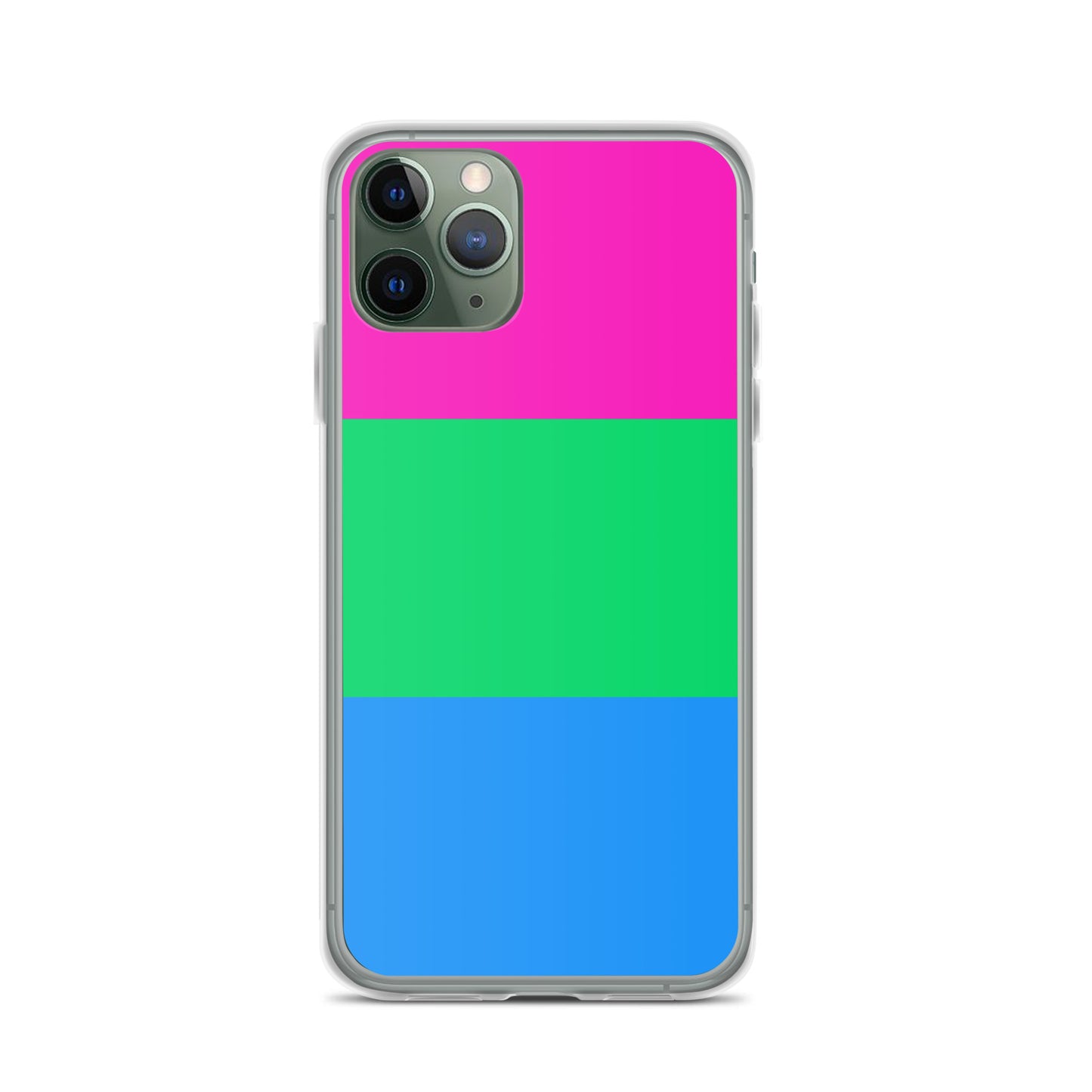 Apple iPhone 11 Pro mobile phone case with polysexual pride flag design on white background
