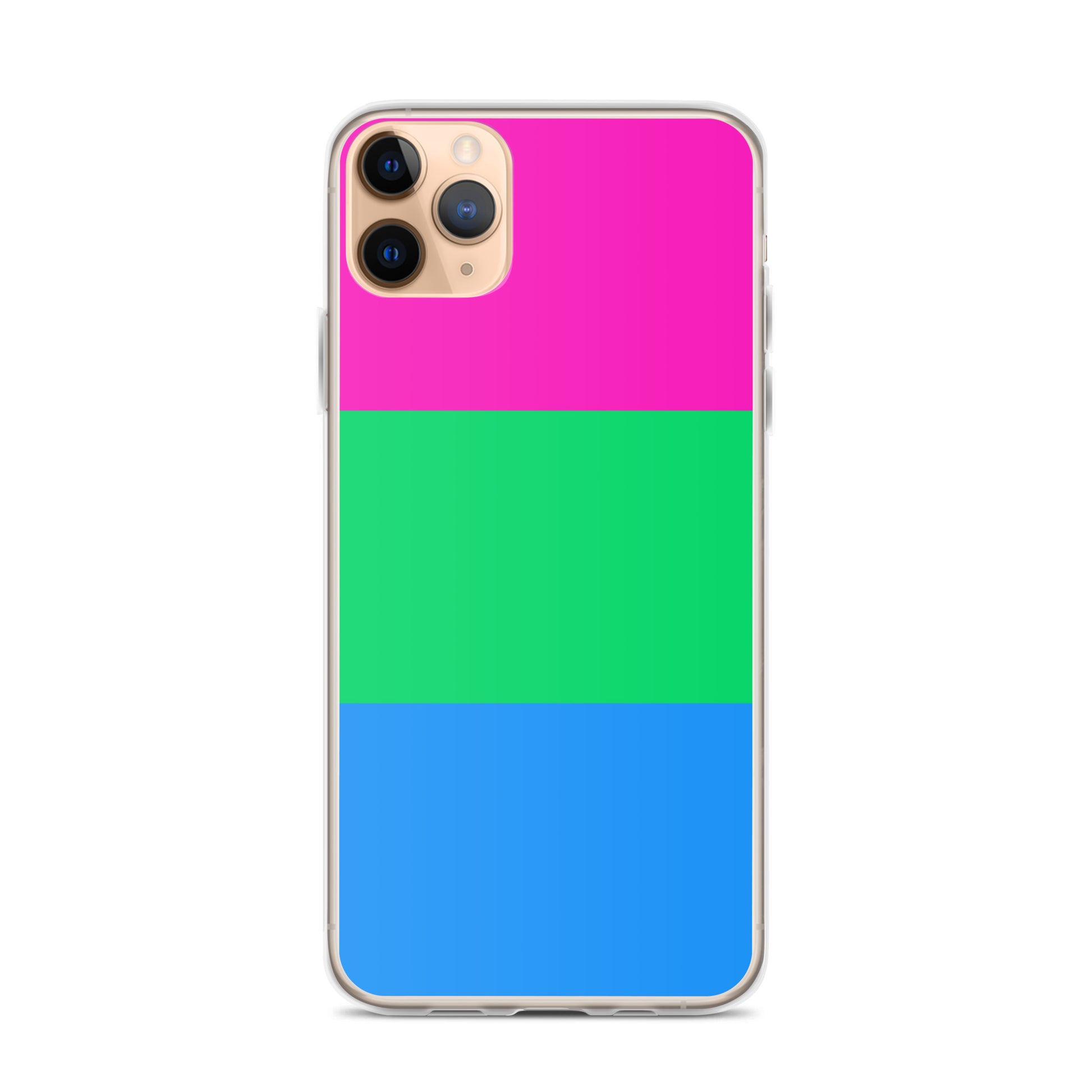 Apple iPhone 11 Pro Max mobile phone case with polysexual pride flag design on white background