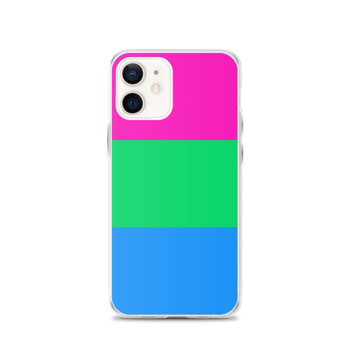 Apple iPhone 12 mobile phone case with polysexual pride flag design on white background