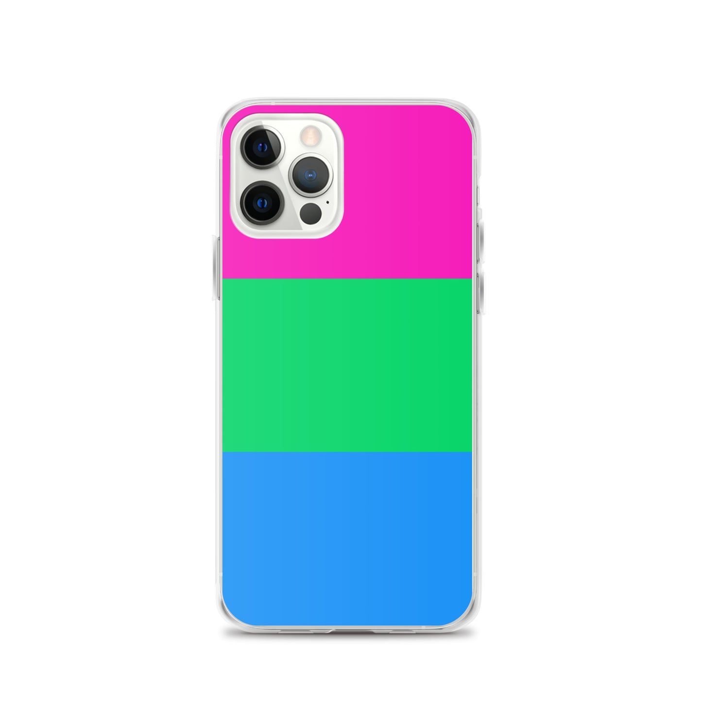 Apple iPhone 12 Pro mobile phone case with polysexual pride flag design on white background