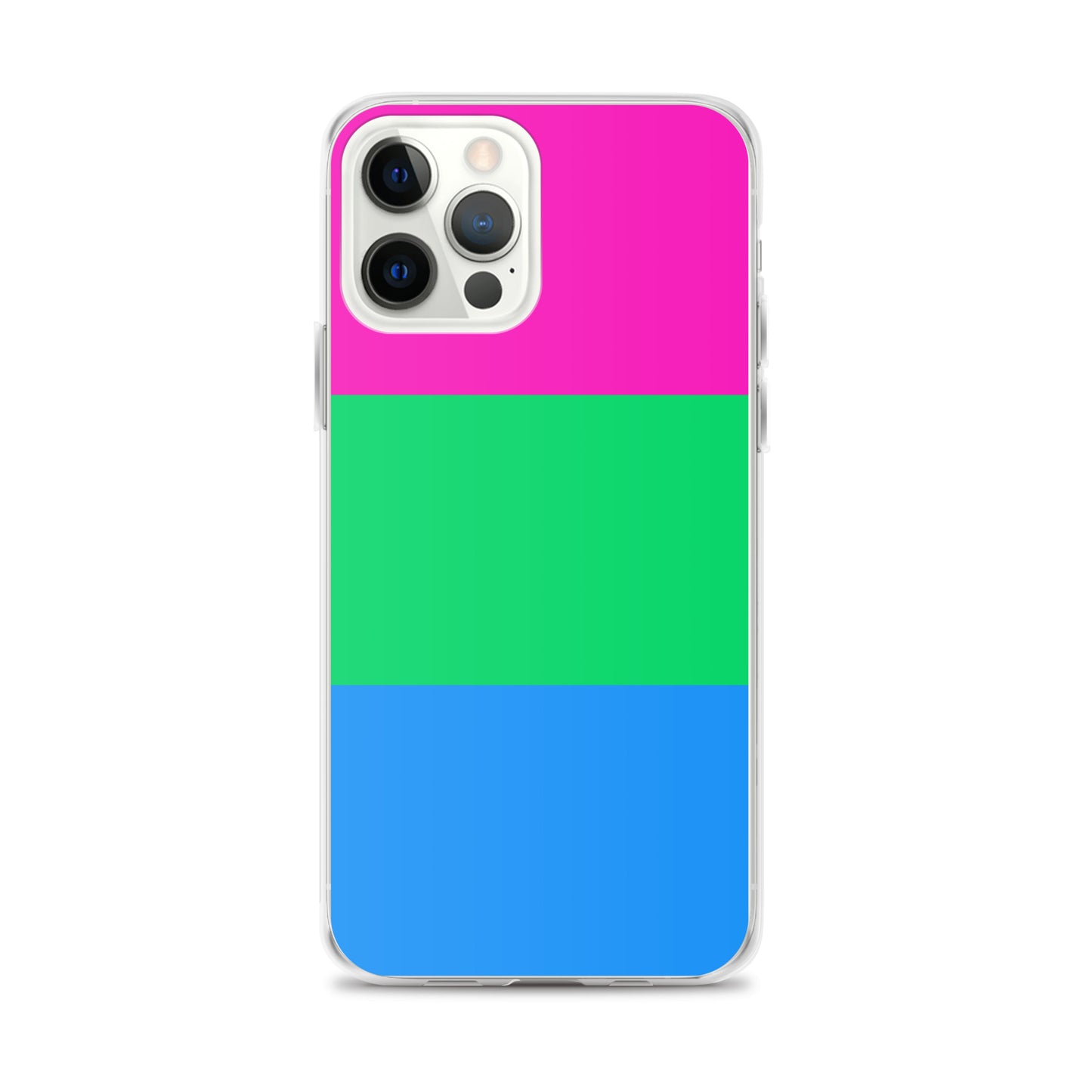 Apple iPhone 12 Pro Max mobile phone case with polysexual pride flag design on white background