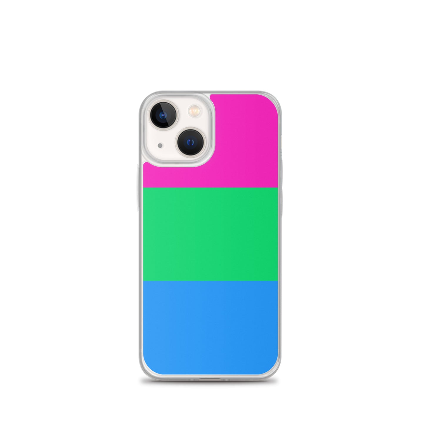 Apple iPhone 13 Mini mobile phone case with polysexual pride flag design on white background
