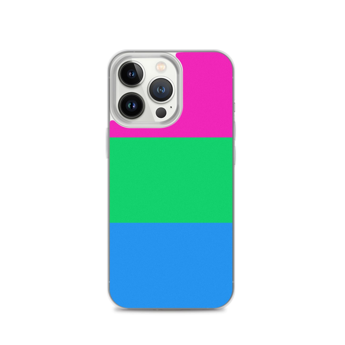 Apple iPhone 13 Pro mobile phone case with polysexual pride flag design on white background