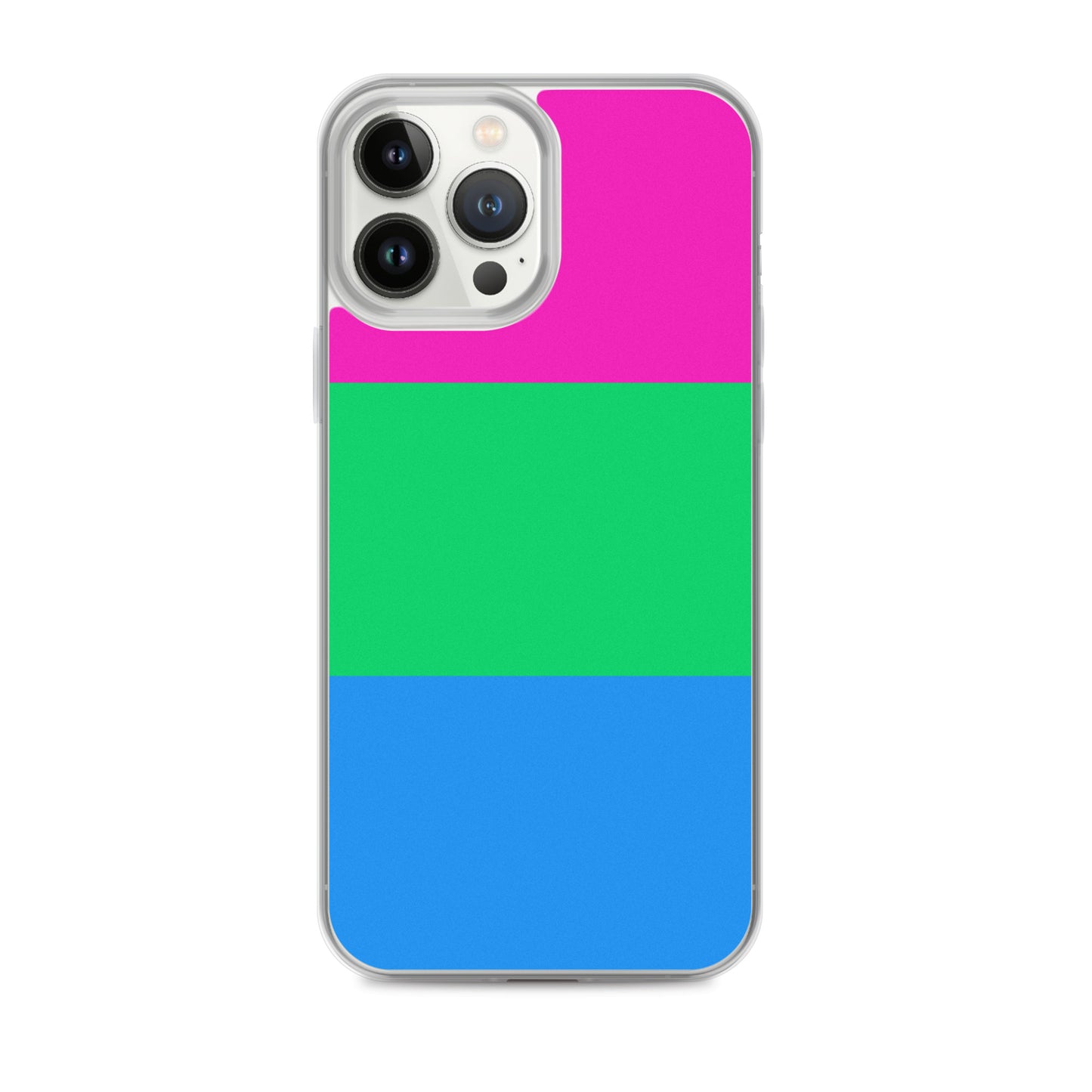 Apple iPhone 13 Pro Max mobile phone case with polysexual pride flag design on white background