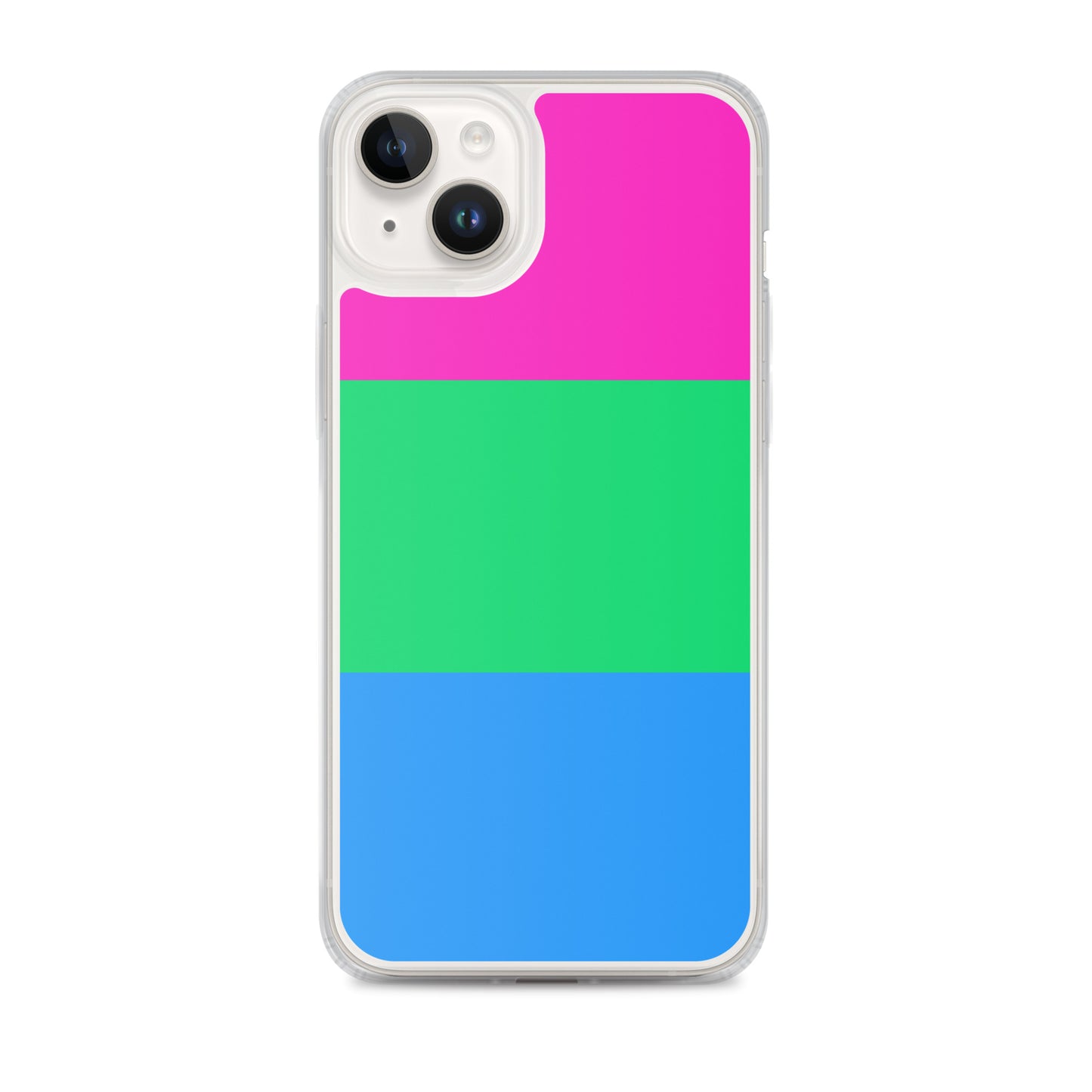 Apple iPhone 14 Plus mobile phone case with polysexual pride flag design on white background