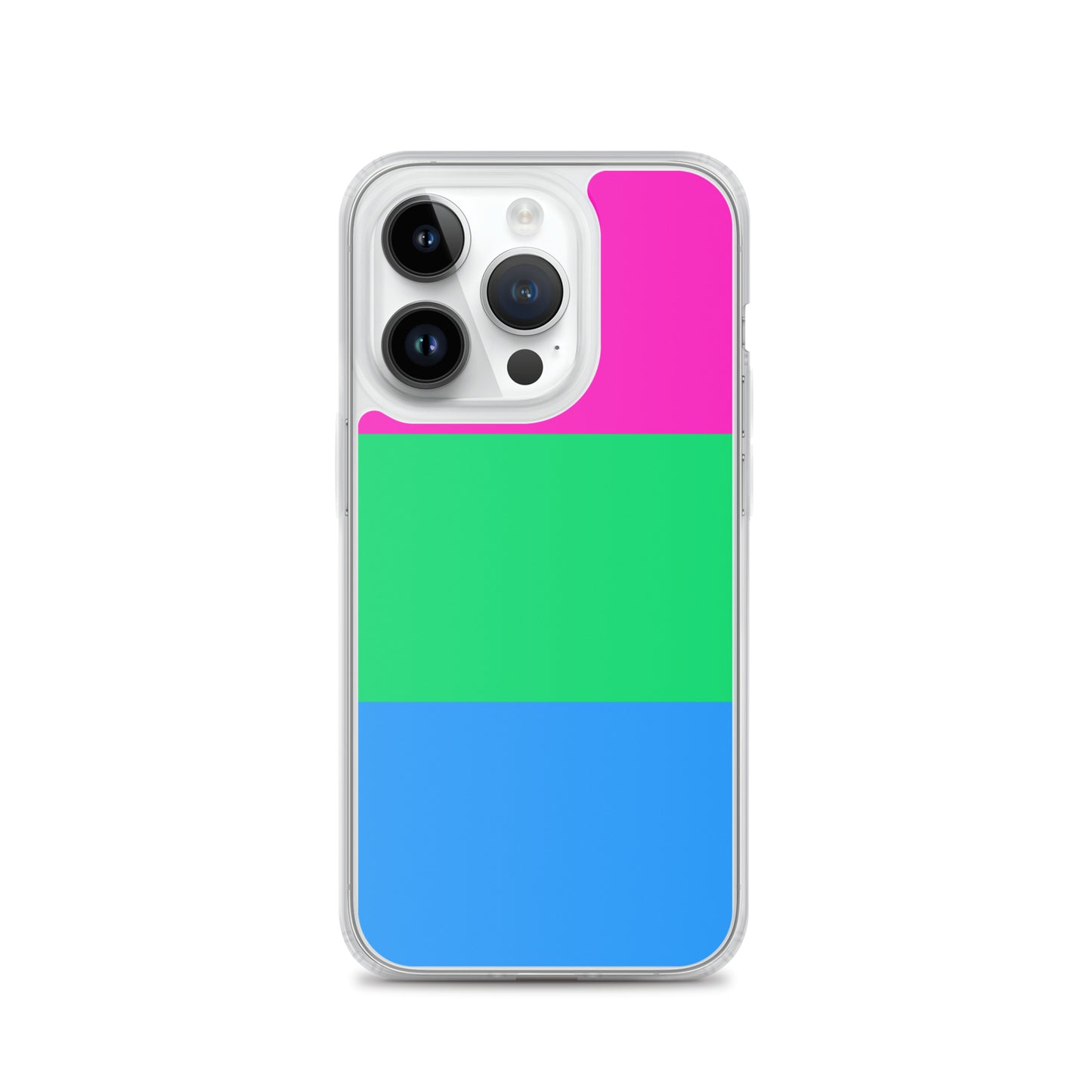 Apple iPhone 14 Pro mobile phone case with polysexual pride flag design on white background
