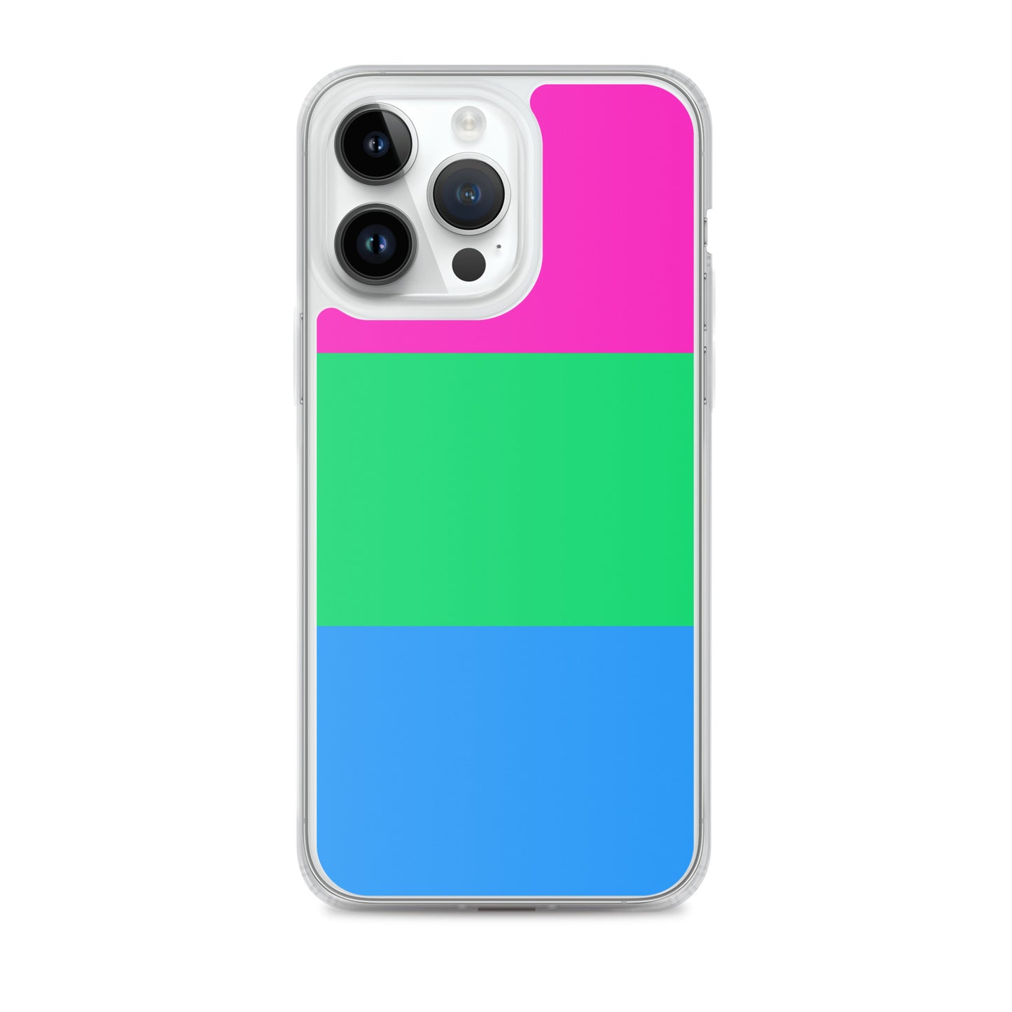 Apple iPhone 14 Pro Max mobile phone case with polysexual pride flag design on white background