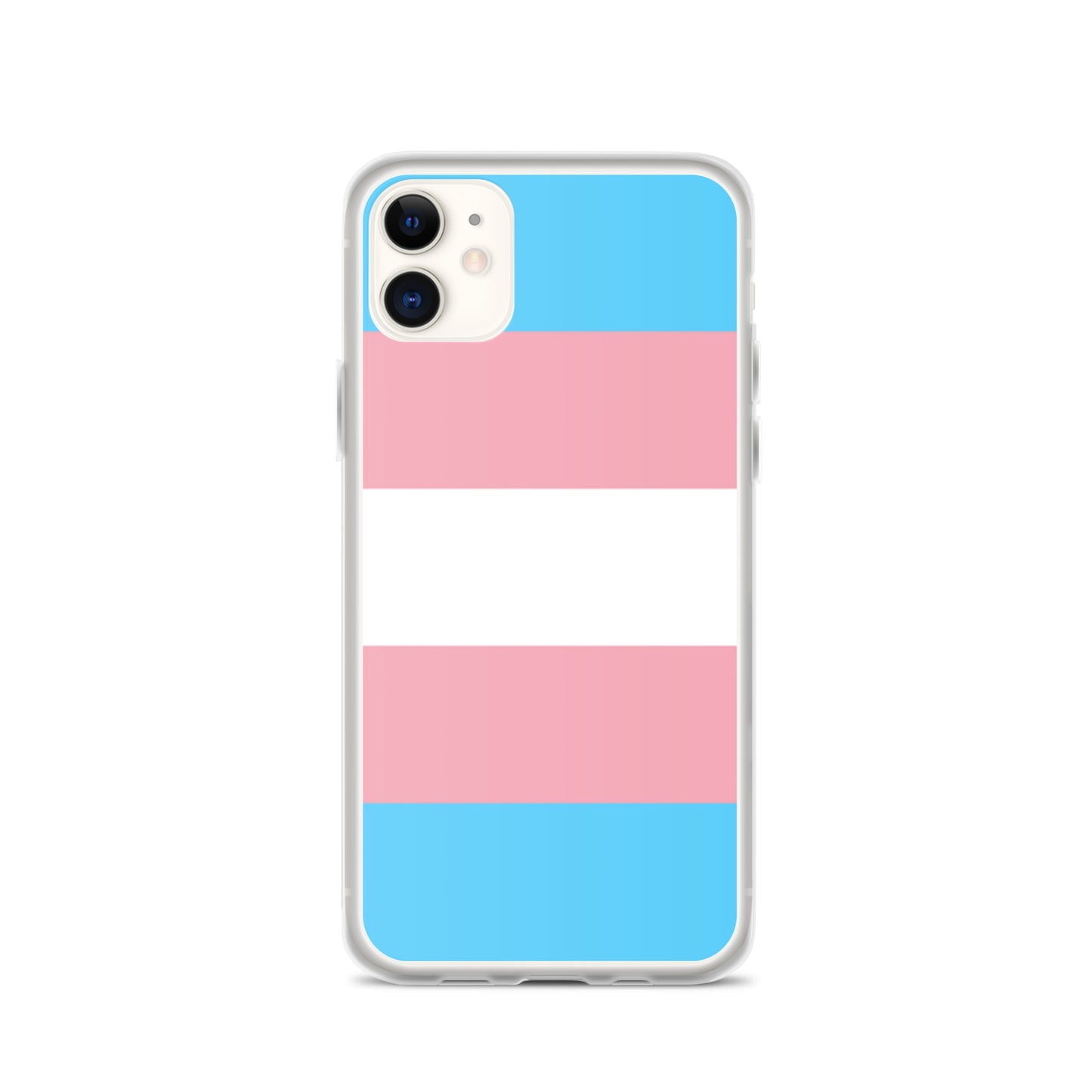 Apple iPhone 11 mobile phone case with trans pride flag design on white background