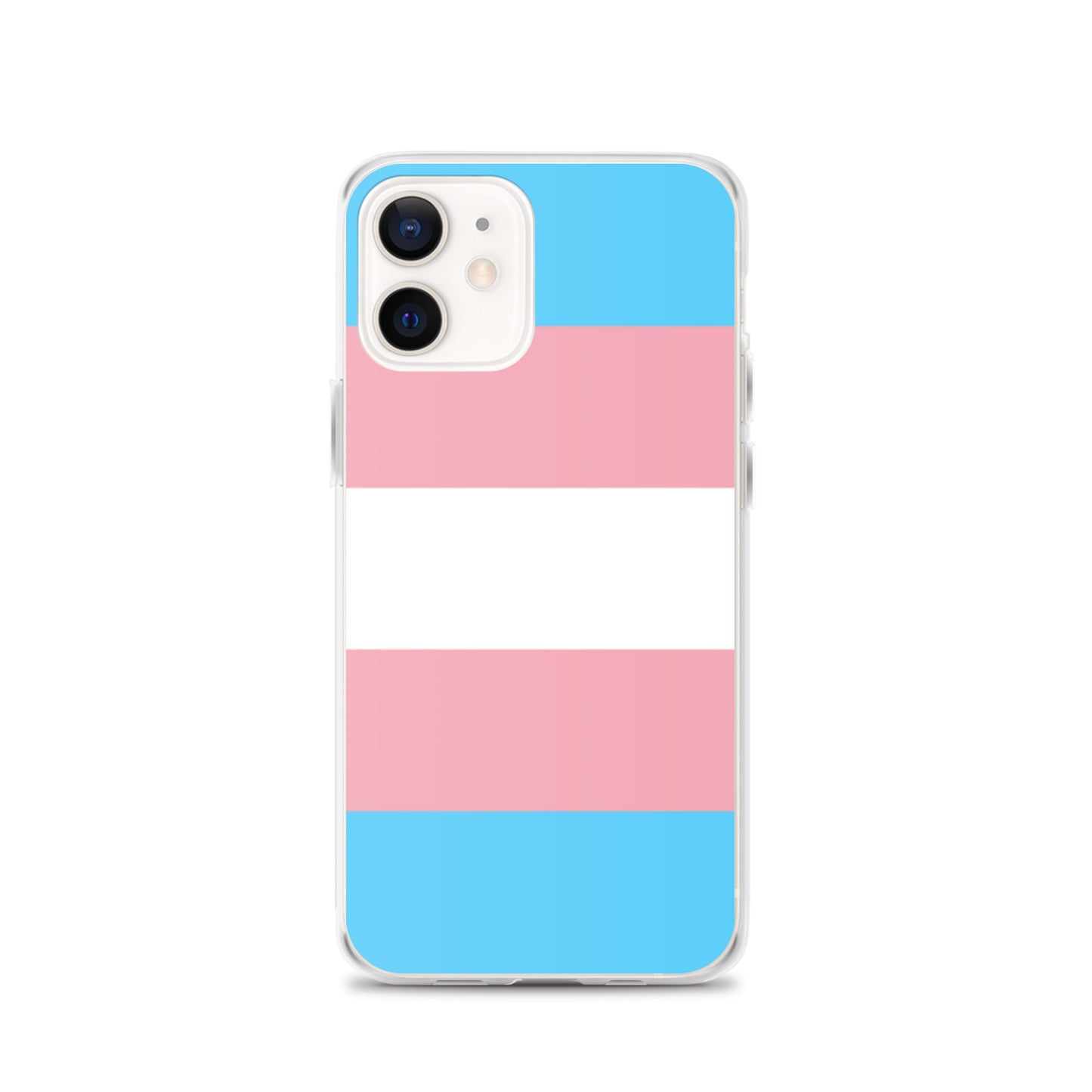 Apple iPhone 12 cell phone case with trans pride flag design on white background