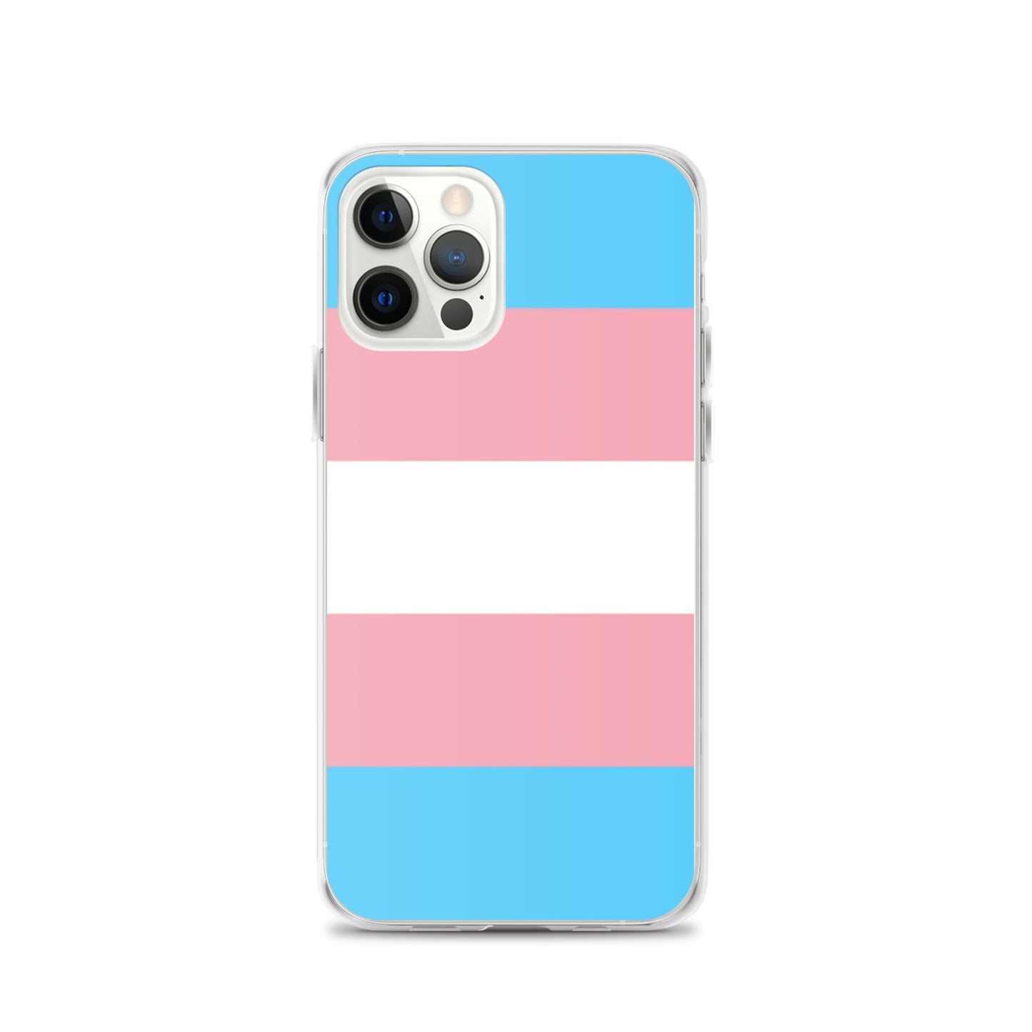 Apple iPhone 12 Pro mobile phone case with transgender pride flag design on white background