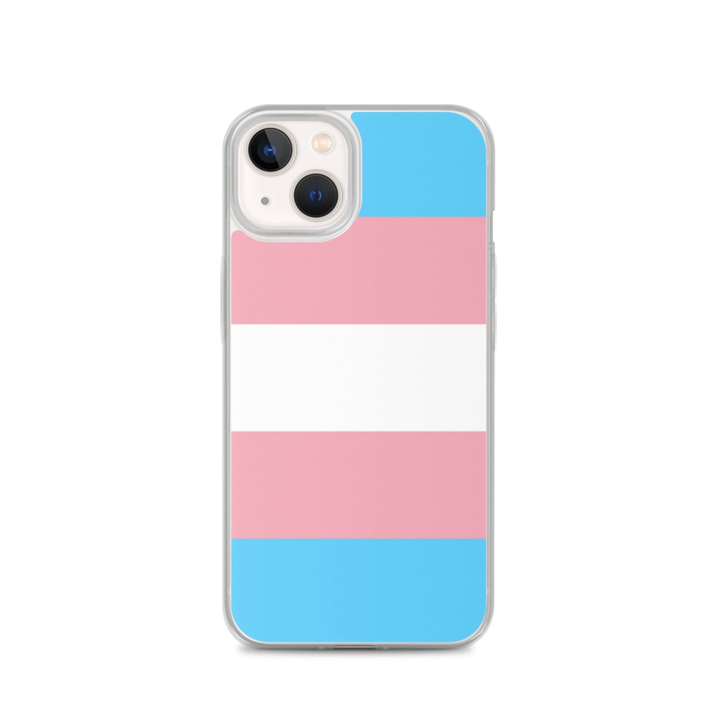 Apple iPhone 13 cell phone case with trans pride flag design on white background