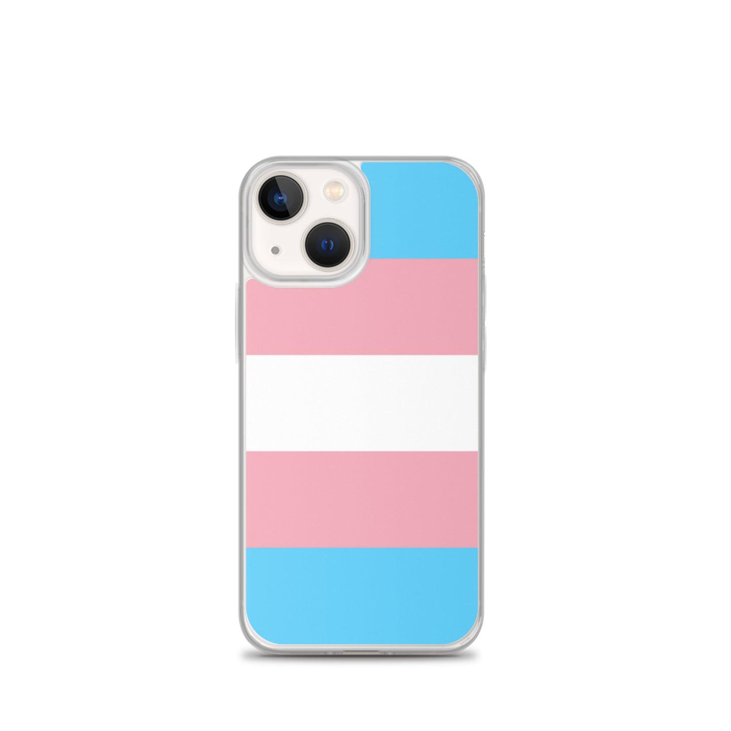 Apple iPhone 13 mini mobile phone case with transgender pride flag design on white background