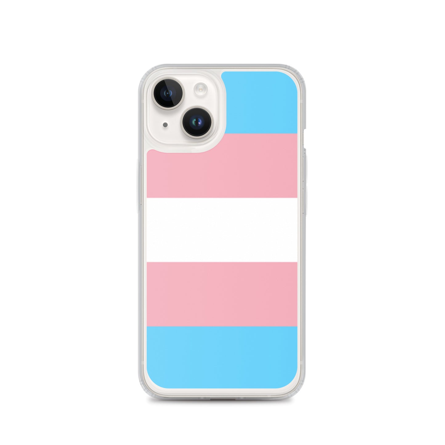 Apple iPhone 14 mobile phone case with transgender pride flag design on white background