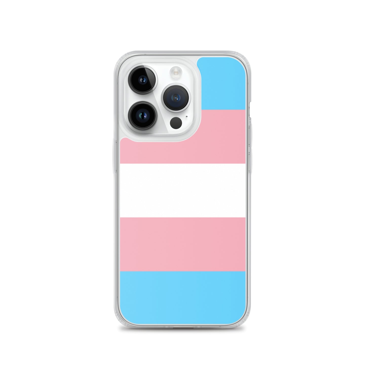 Apple iPhone 14 Pro mobile phone case with transgender pride flag design on white background