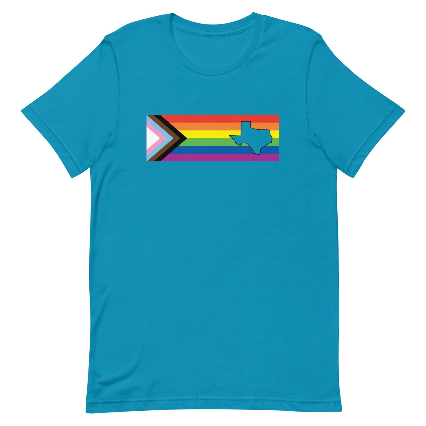 LGBTQ Progress Pride Flag Texas T-shirt - Daniel Quasar Aqua Pride unisex-staple-t-shirt-aqua-front-63b9de35e74b1