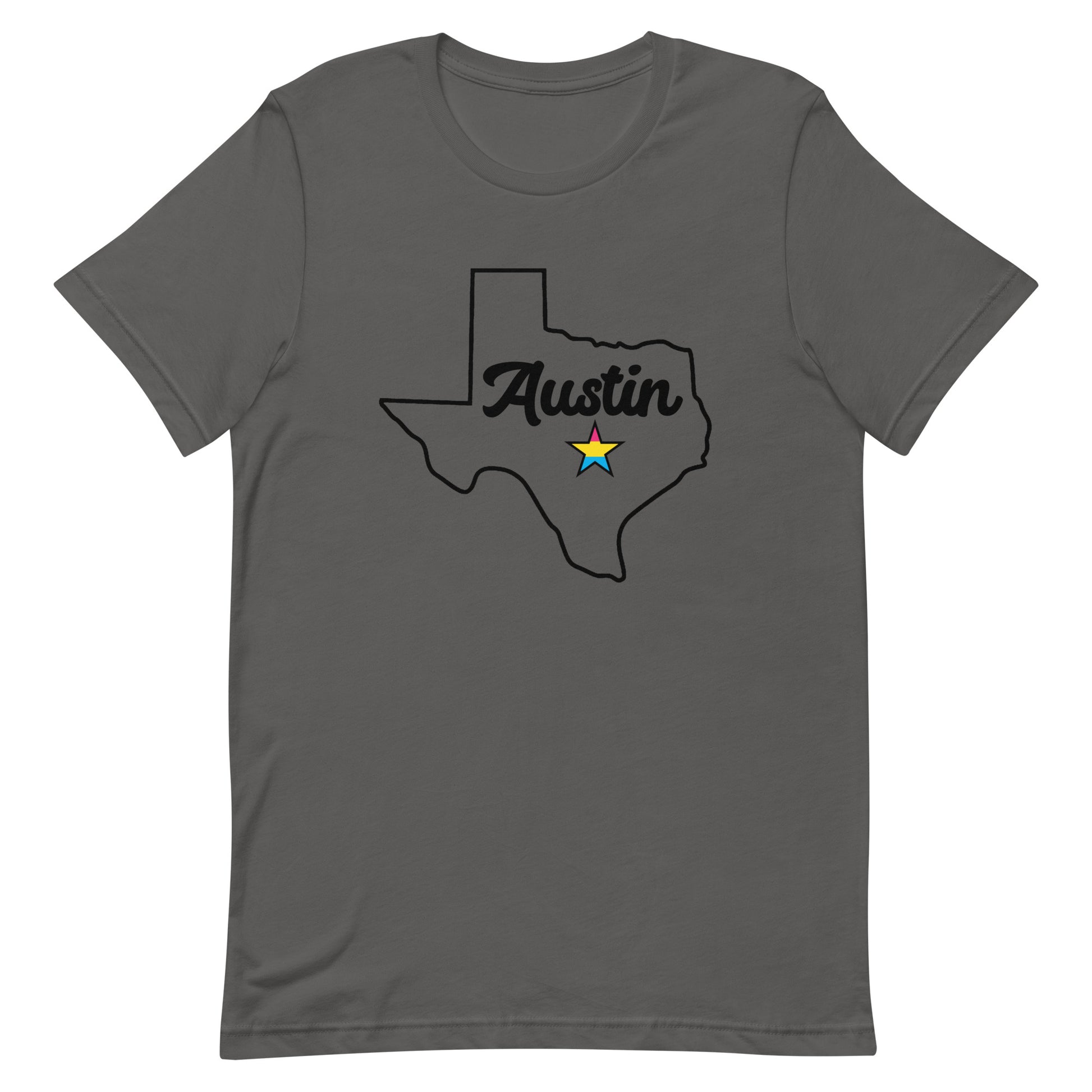 Austin Texas Pansexual Star Tee Asphalt Pansexual unisex-staple-t-shirt-asphalt-front-63b4cd31ebd03