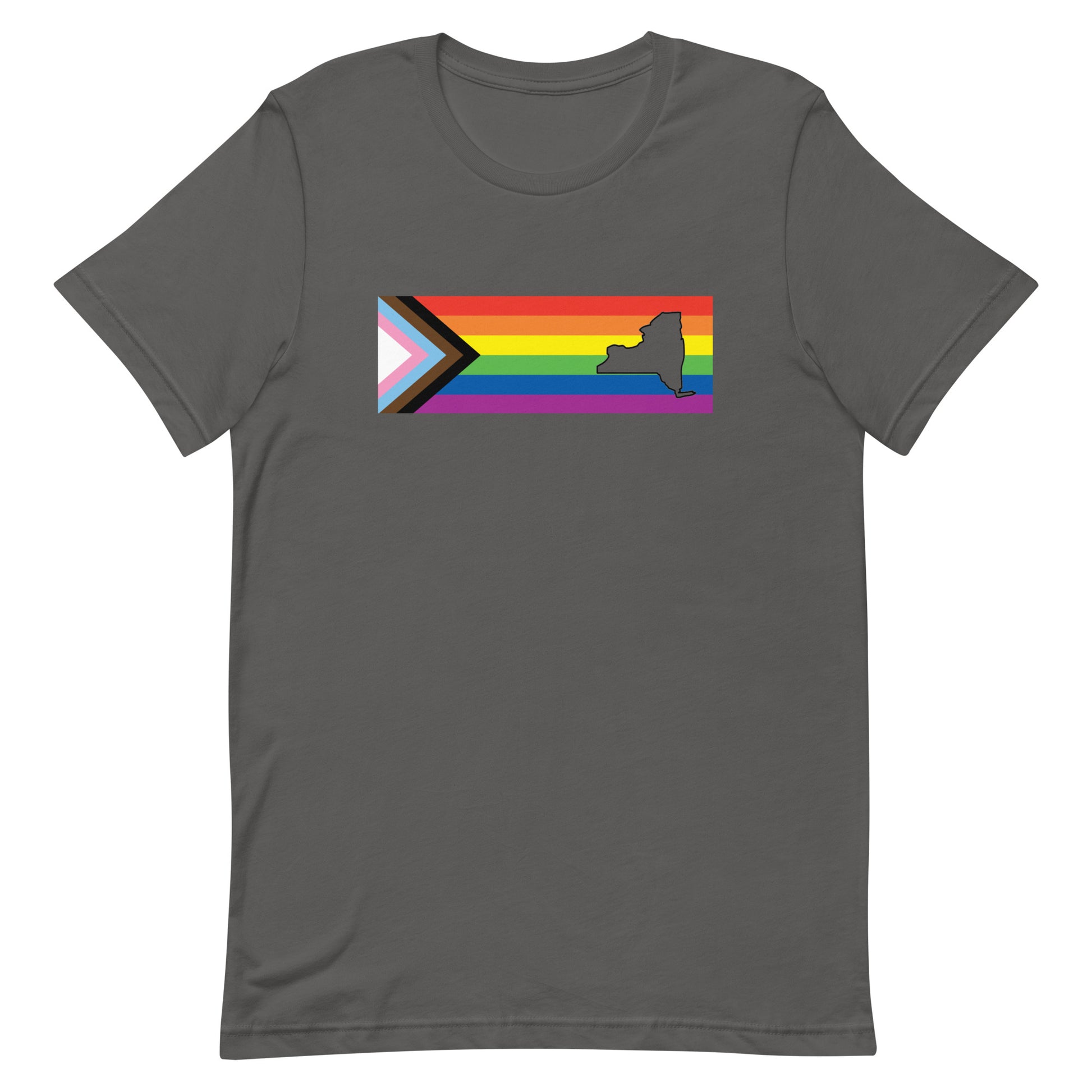 LGBTQ Progress Pride Flag New York T-shirt - Daniel Quasar Asphalt unisex-staple-t-shirt-asphalt-front-63b9e3686ba6f