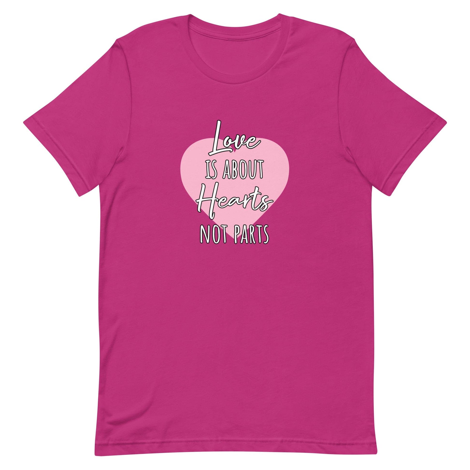 LGBTQ Love Is About Hearts Not Parts Berry unisex-staple-t-shirt-berry-front-63bf70e202040