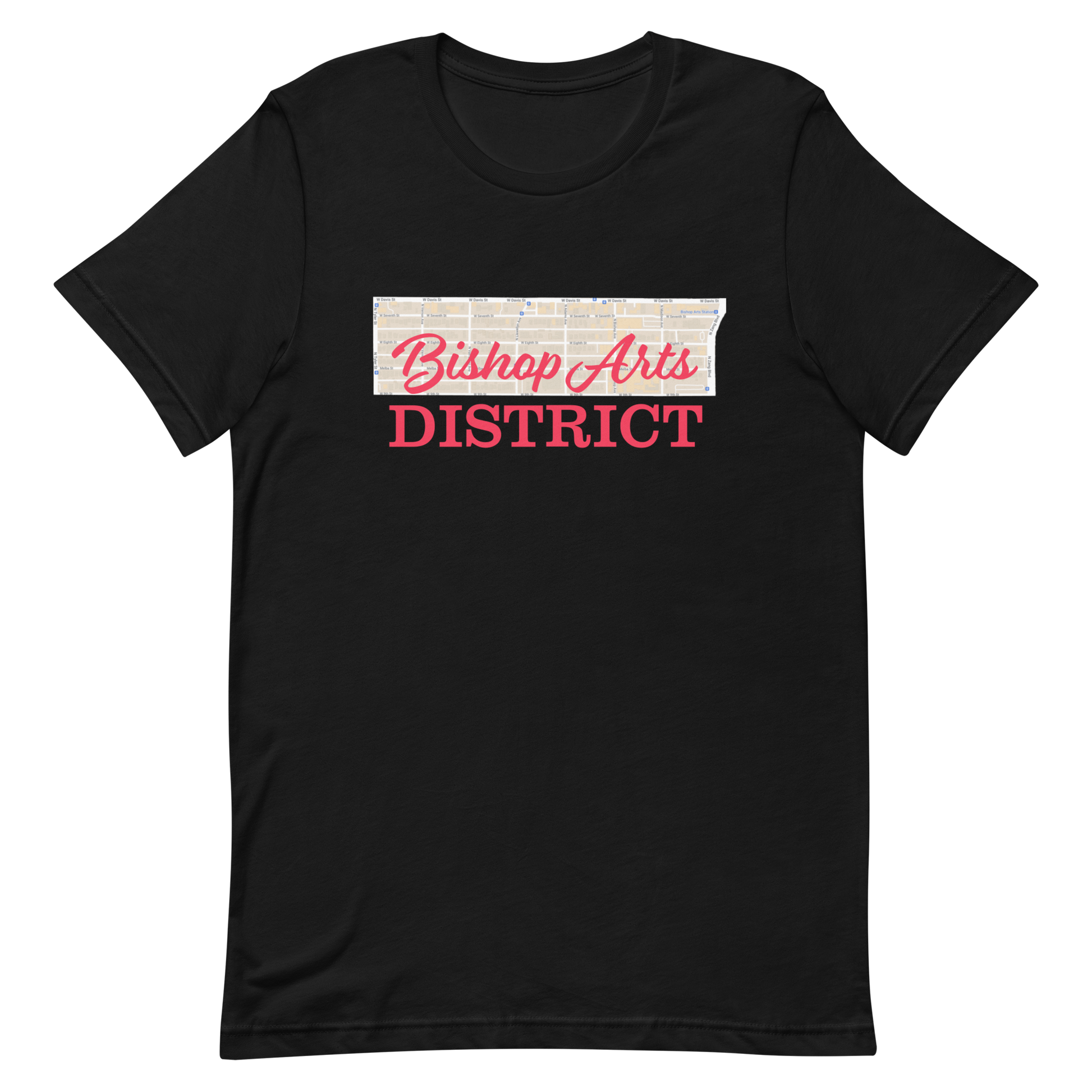 Bishop Arts District Street Map Tee Black Texas unisex-staple-t-shirt-black-front-63602c1ed4e6a