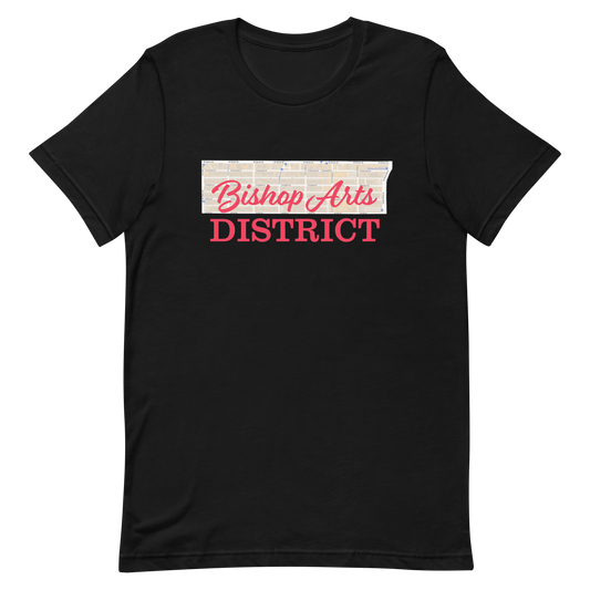 Bishop Arts District Street Map Tee Black Texas unisex-staple-t-shirt-black-front-63602c1ed4e6a