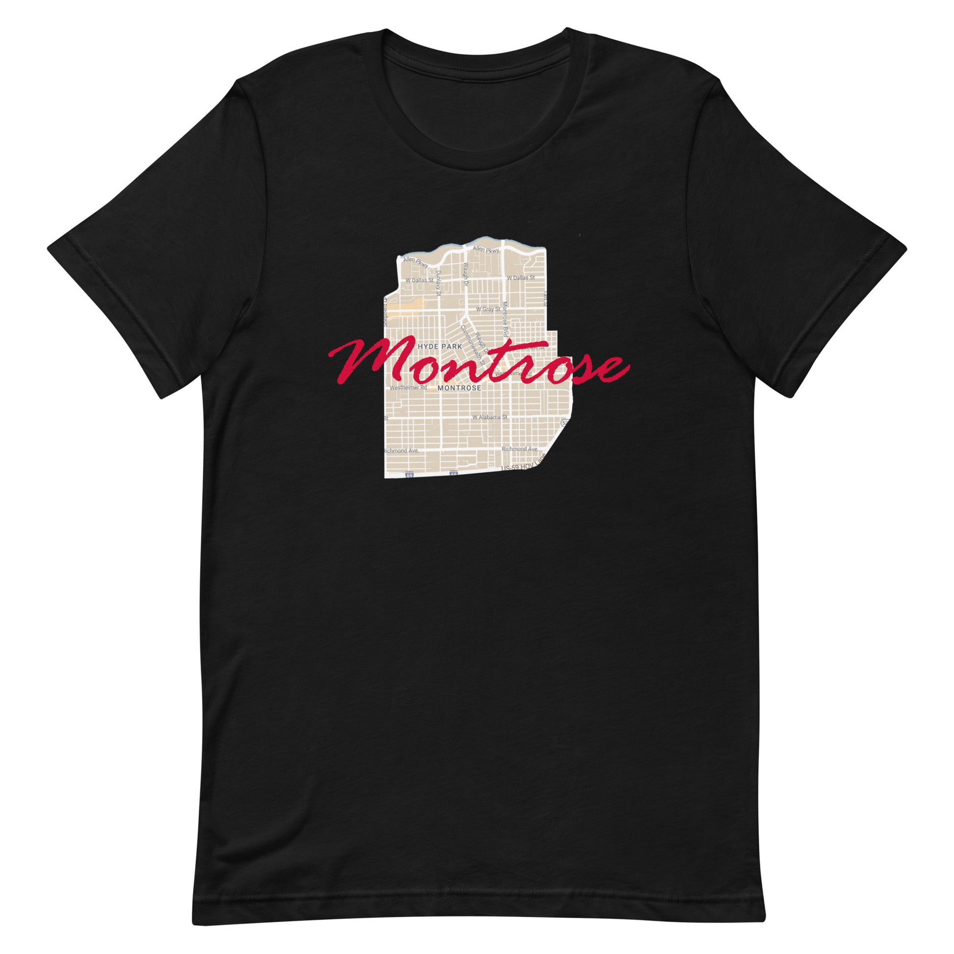 Houston Texas Montrose Street Map Tee Black unisex-staple-t-shirt-black-front-63b9df5009299