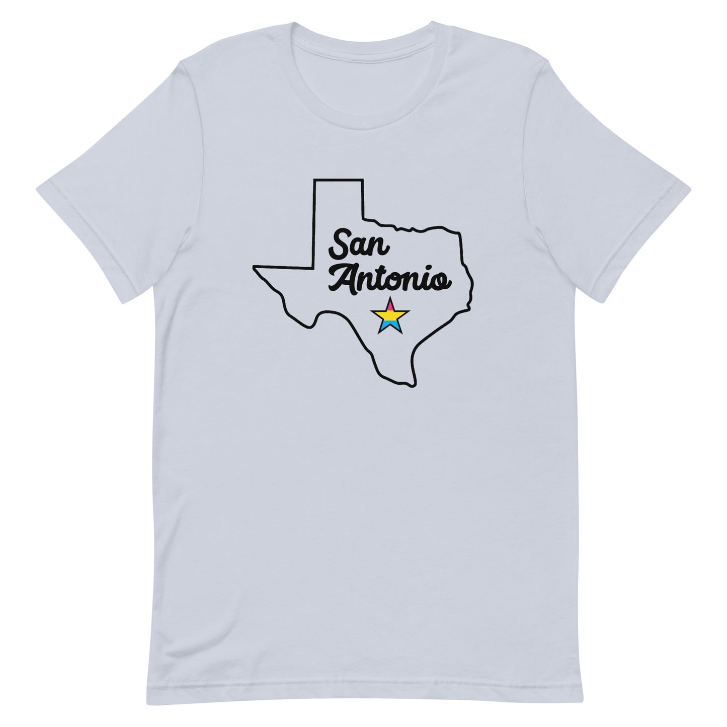 San Antonio Texas Pansexual Star Tee Light Blue Pansexual unisex-staple-t-shirt-light-blue-front-63b638cf4acfa