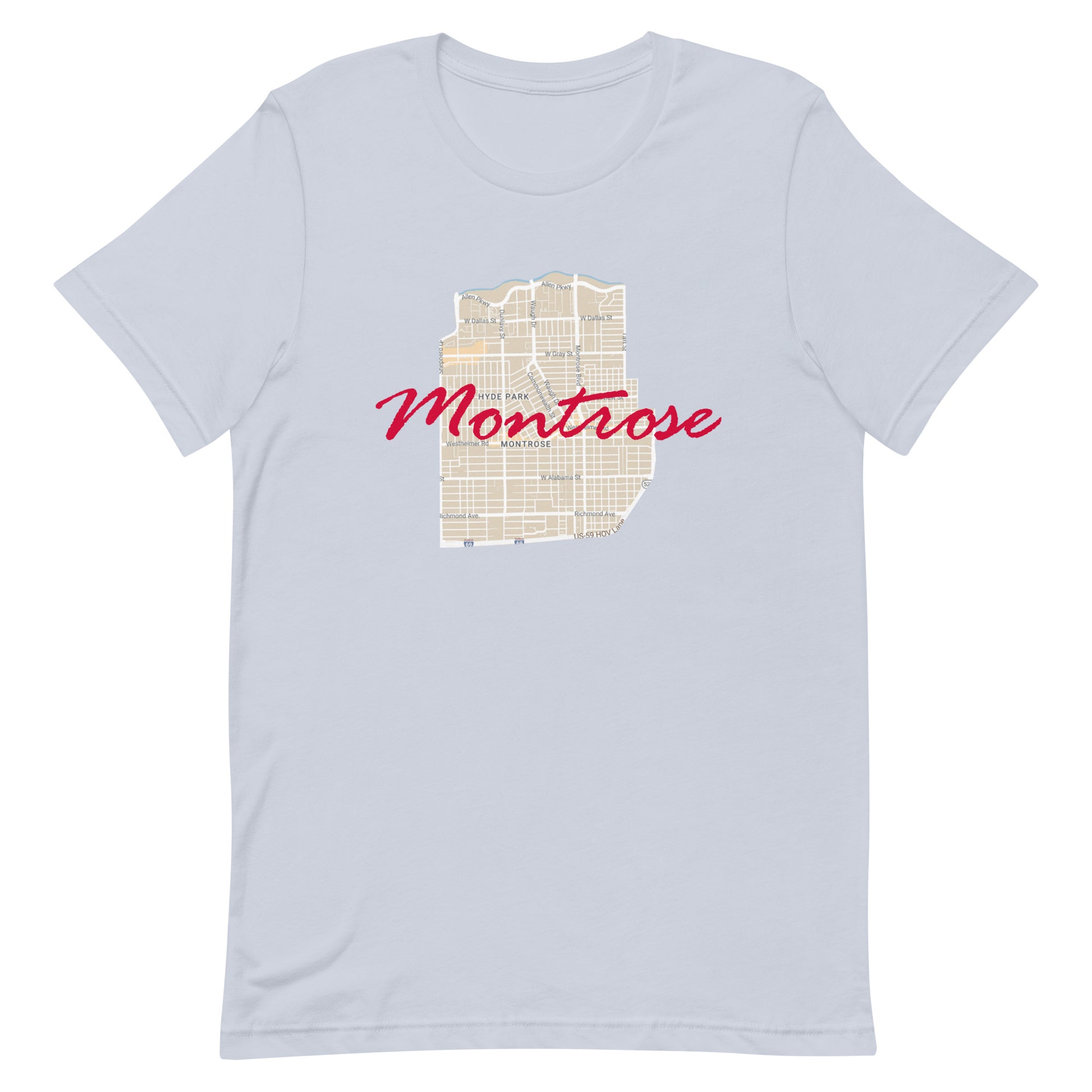 Houston Texas Montrose Street Map Tee Light Blue unisex-staple-t-shirt-light-blue-front-63b9df5019e8d