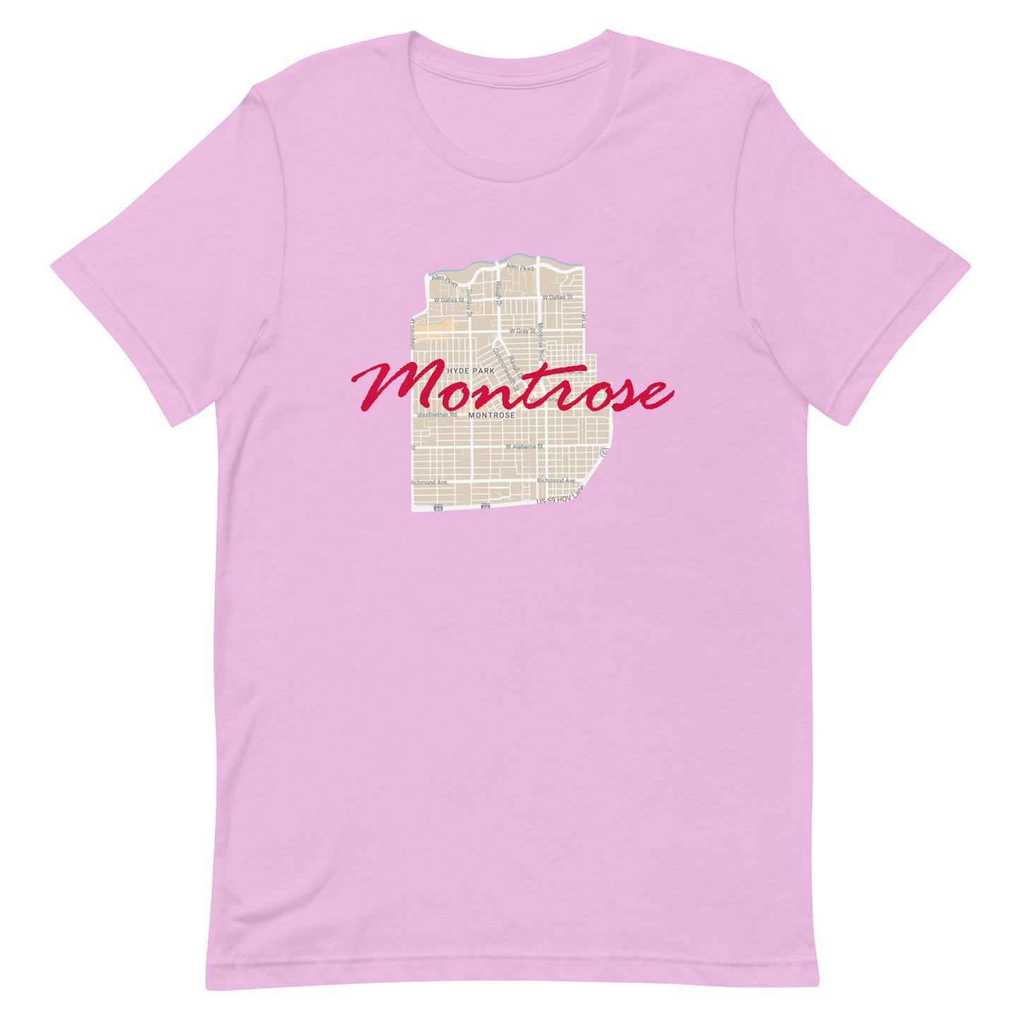 Houston Texas Montrose Street Map Tee Lilac unisex-staple-t-shirt-lilac-front-63b9df501345c