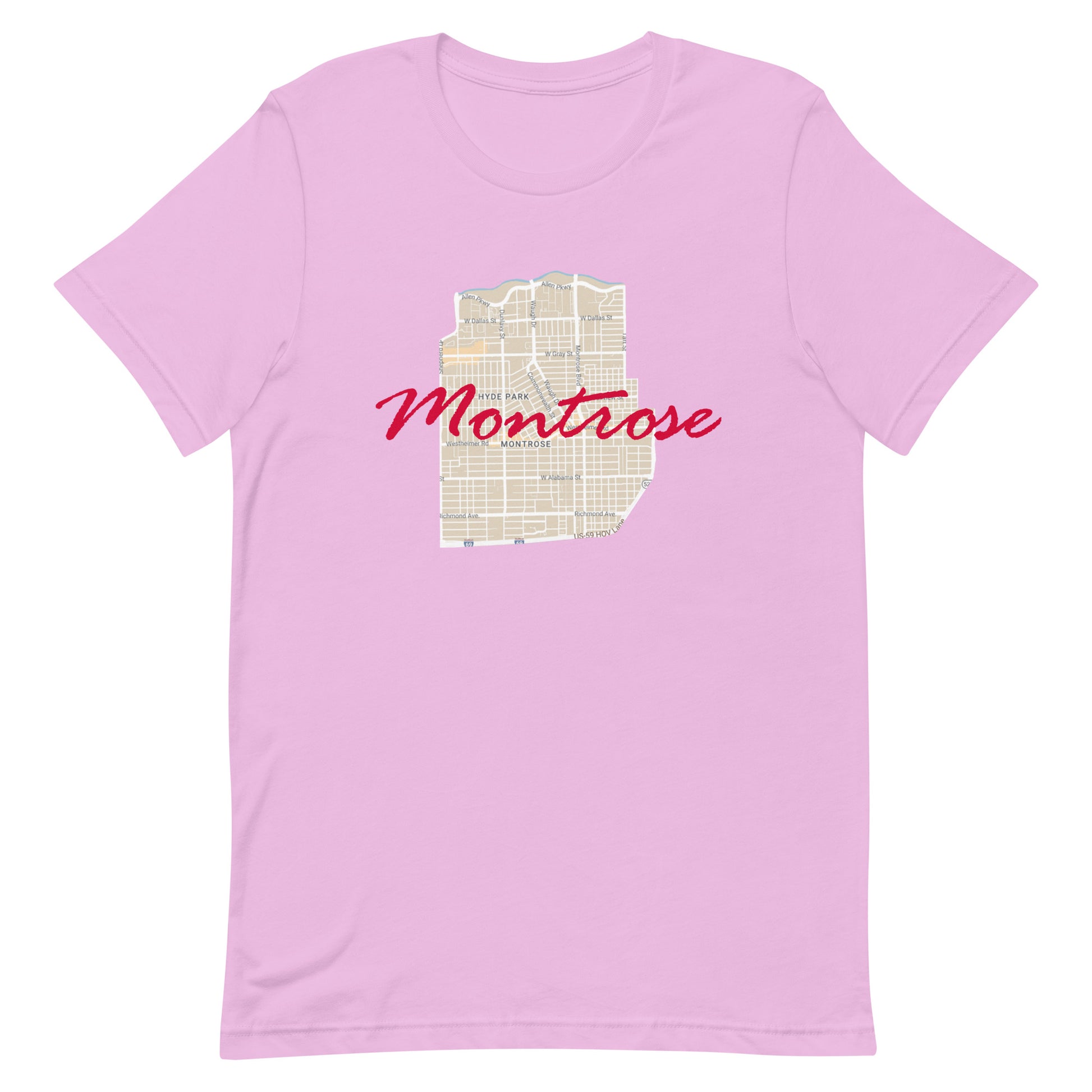 Houston Texas Montrose Street Map Tee Lilac unisex-staple-t-shirt-lilac-front-63b9df501345c