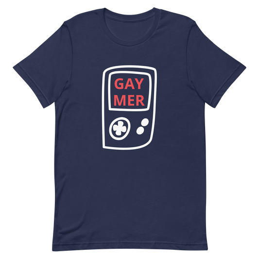 Gaymer Handheld Tee Navy Gay unisex-staple-t-shirt-navy-front-6302c9f0a548e