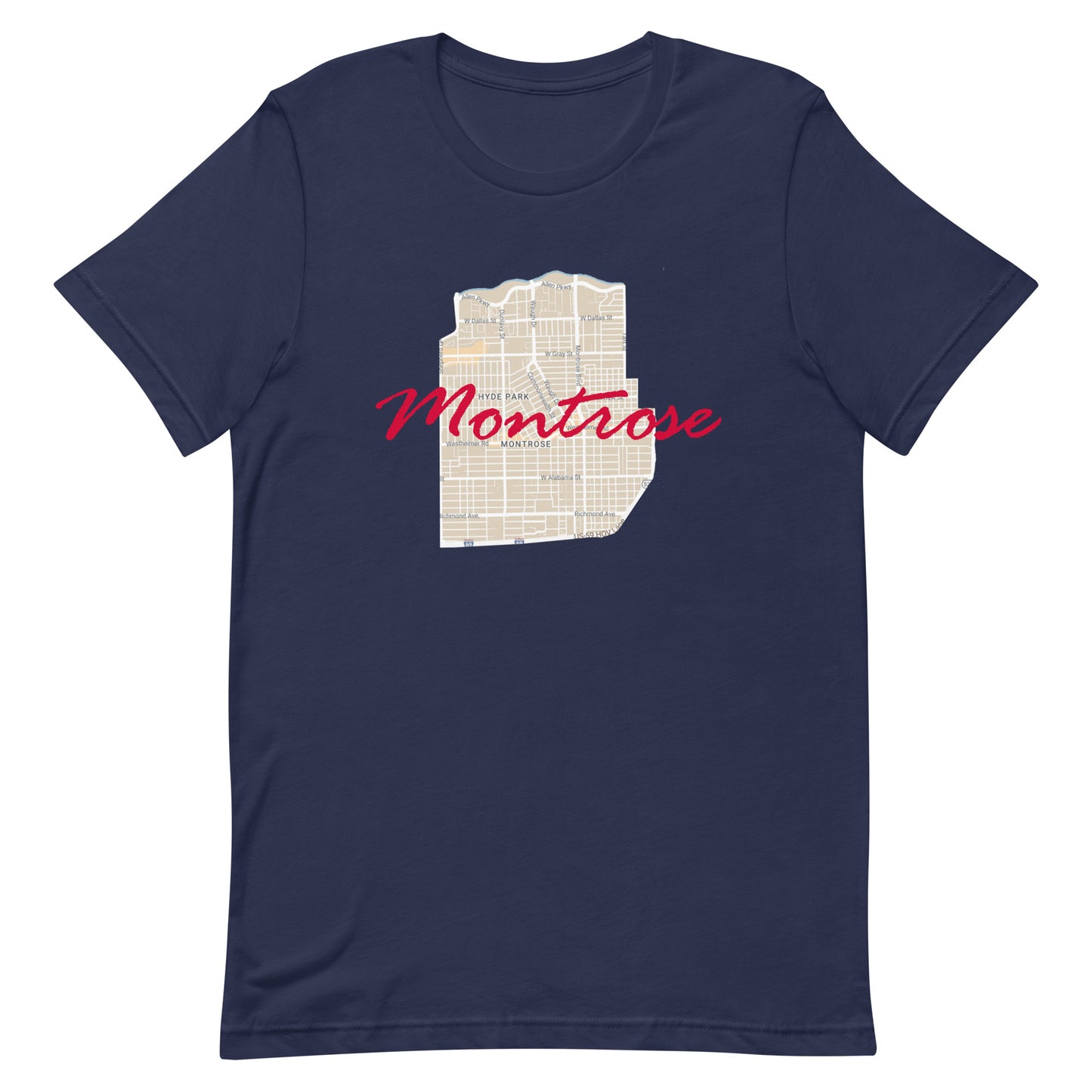 Houston Texas Montrose Street Map Tee Navy unisex-staple-t-shirt-navy-front-63b9df500995b