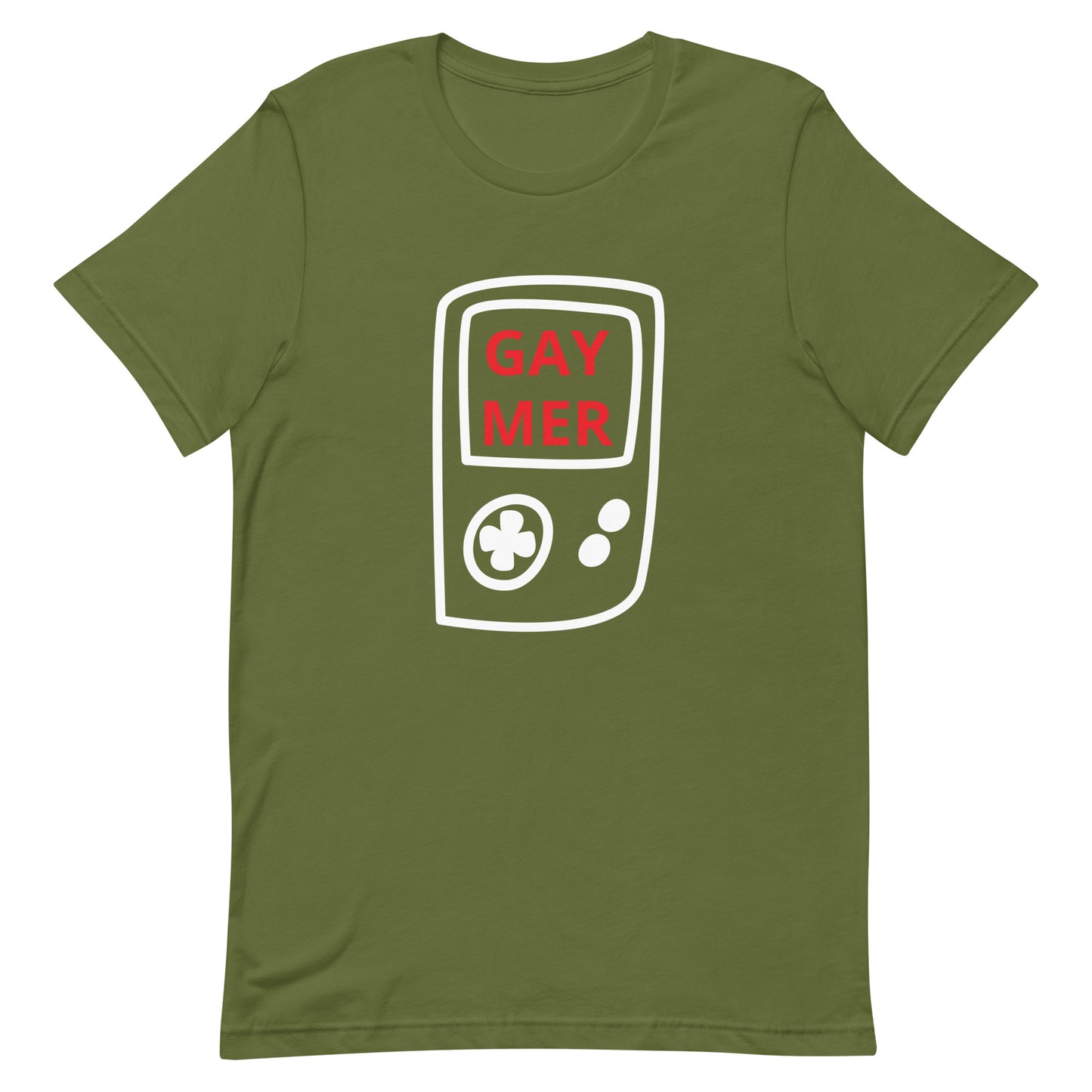 Gaymer Handheld Tee Olive Gay unisex-staple-t-shirt-olive-front-63b76fa7d0443