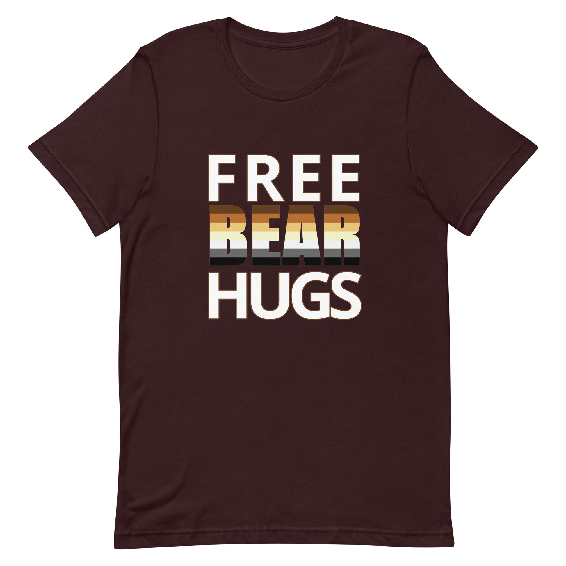 Gay Bear Pride Shirt - Free Bear Hugs Oxblood Black unisex-staple-t-shirt-oxblood-black-front-63eafa9751ce0