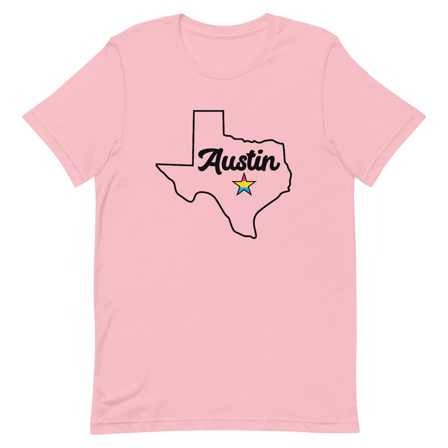 Austin Texas Pansexual Star Tee Pink Pansexual unisex-staple-t-shirt-pink-front-63b4cd3203445