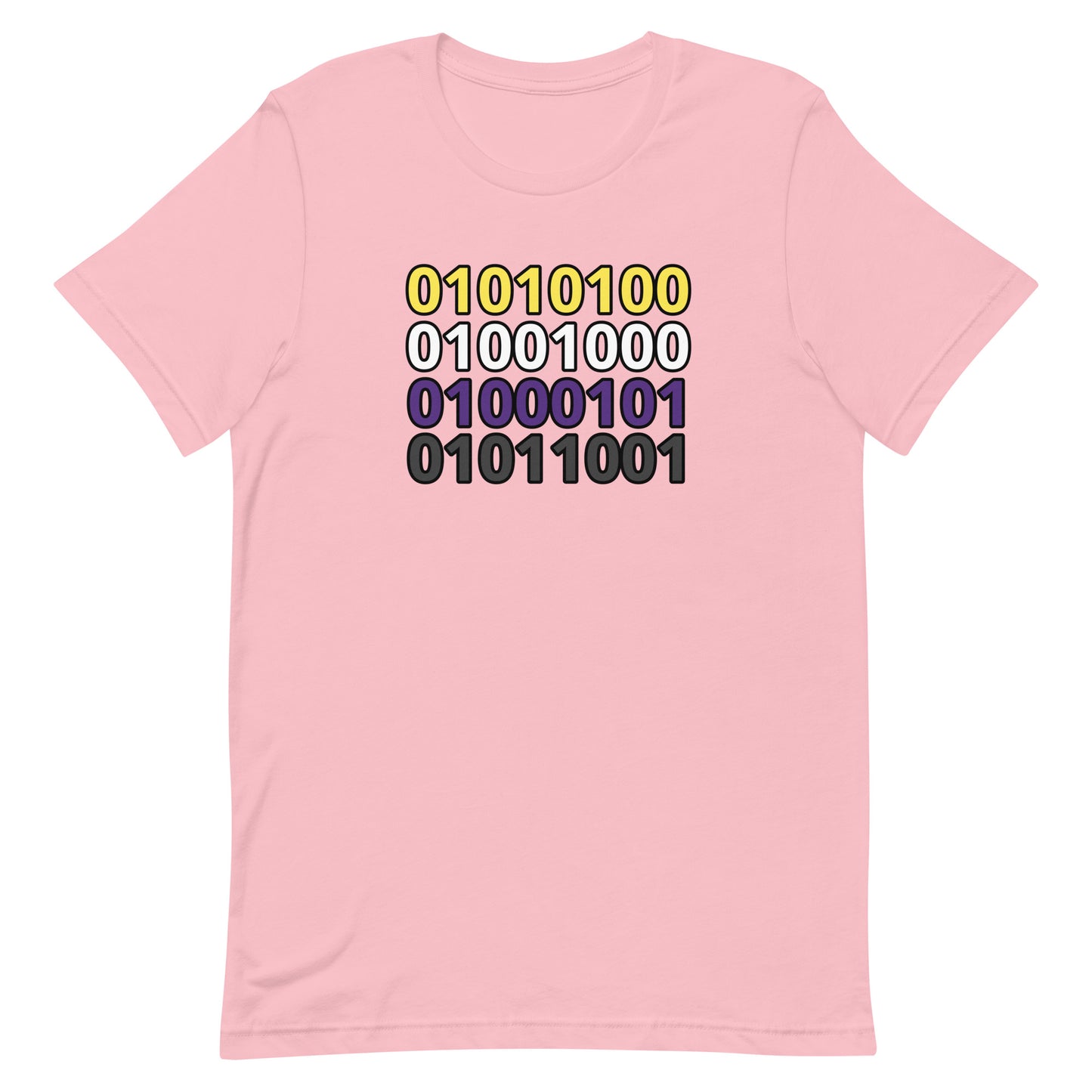 Nonbinary Enby Pride T-Shirt - Binary Code "They" Pink Nonbinary unisex-staple-t-shirt-pink-front-63b9d5dae3725