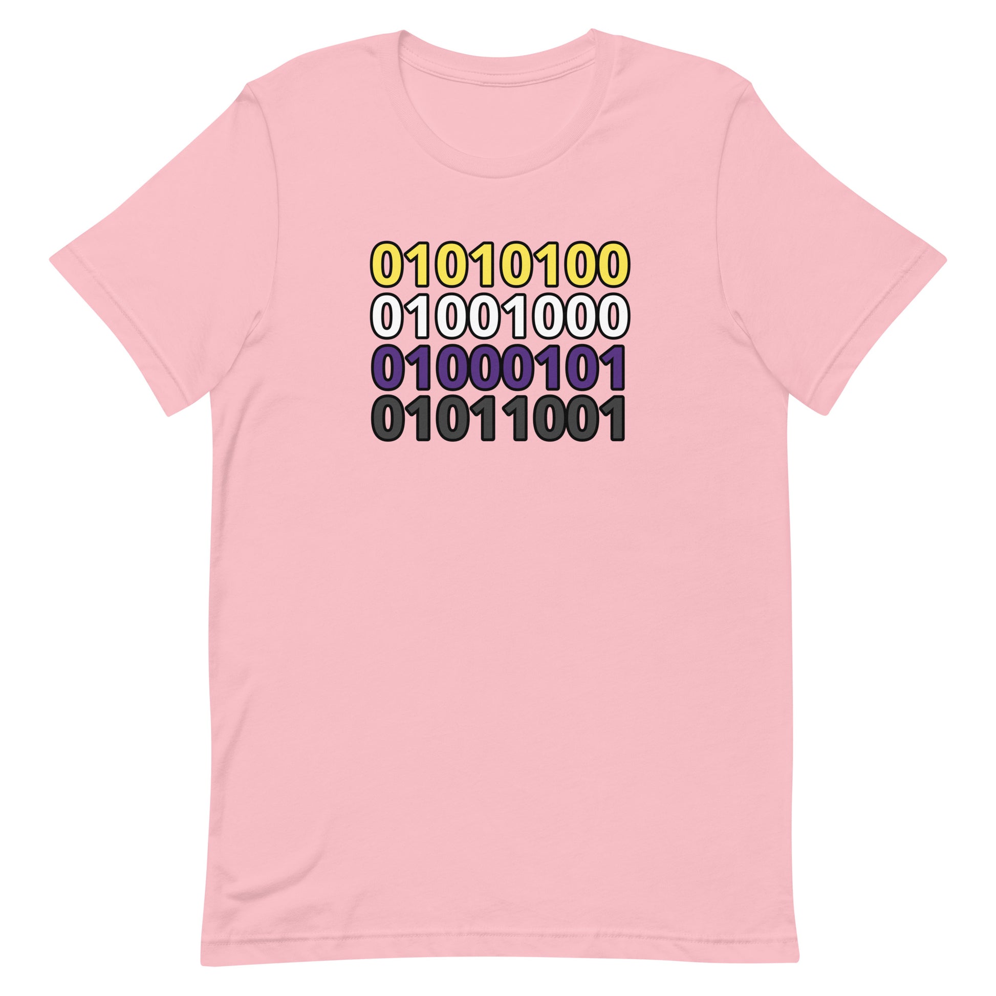 Nonbinary Enby Pride T-Shirt - Binary Code "They" Pink Nonbinary unisex-staple-t-shirt-pink-front-63b9d5dae3725