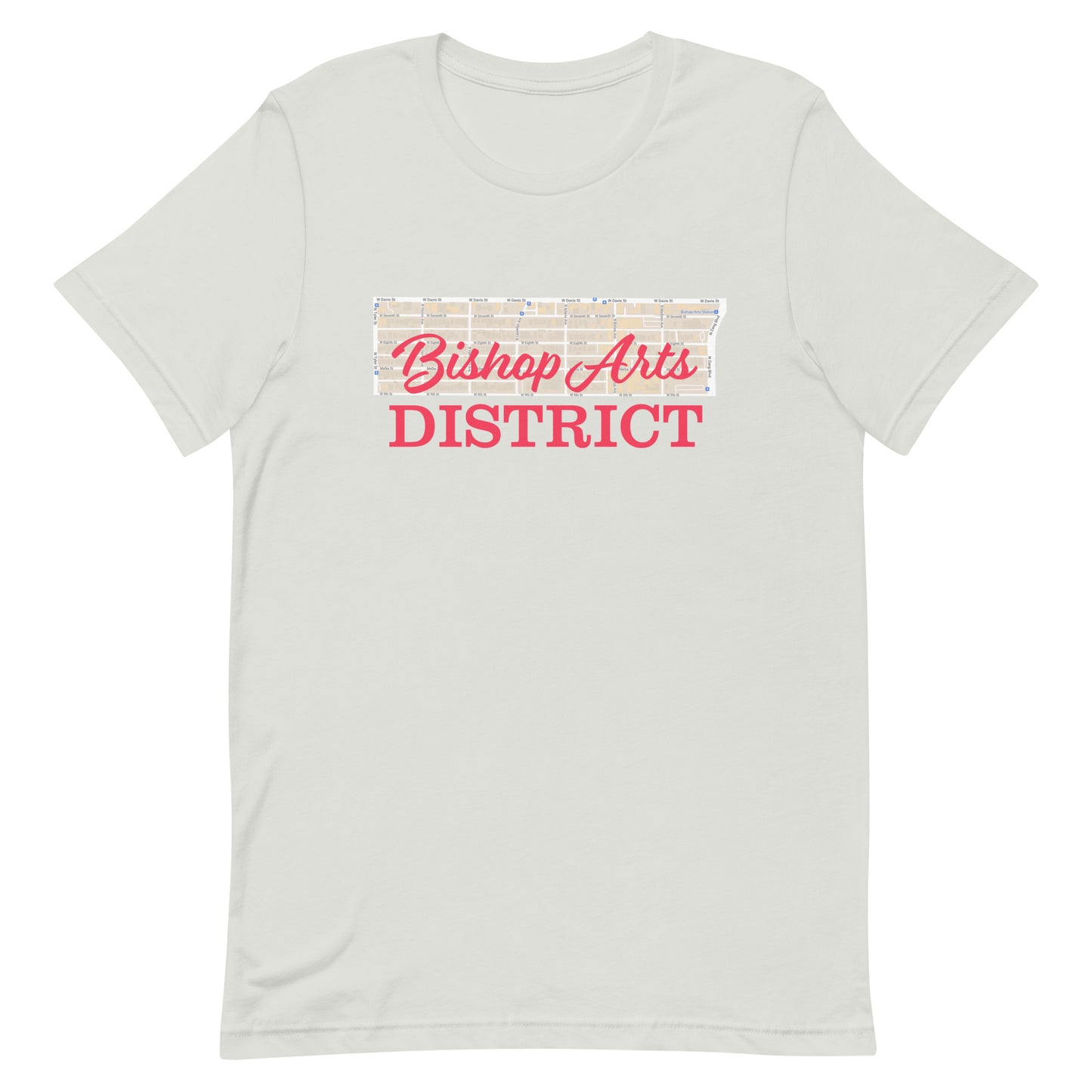 Bishop Arts District Street Map Tee Silver Texas unisex-staple-t-shirt-silver-front-63b4e25d66cdb