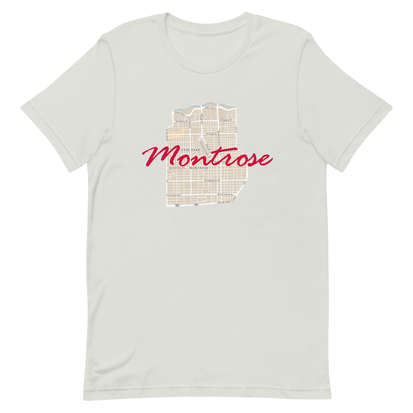 Houston Texas Montrose Street Map Tee Silver unisex-staple-t-shirt-silver-front-63b9df501f580